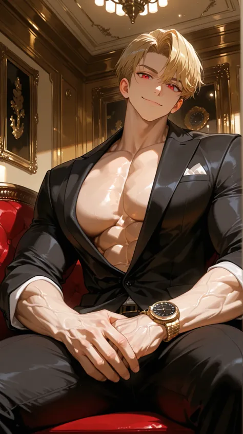 ((One beautiful handsome man)), gold short hair, beautiful red eyes, (solo male smiling with close mouth), Smooth and glowing erotic skin, abs, (muscle), strong shoulder, (his arm and hand veins are bulging), (huge pec muscles), (male super luxury black su...