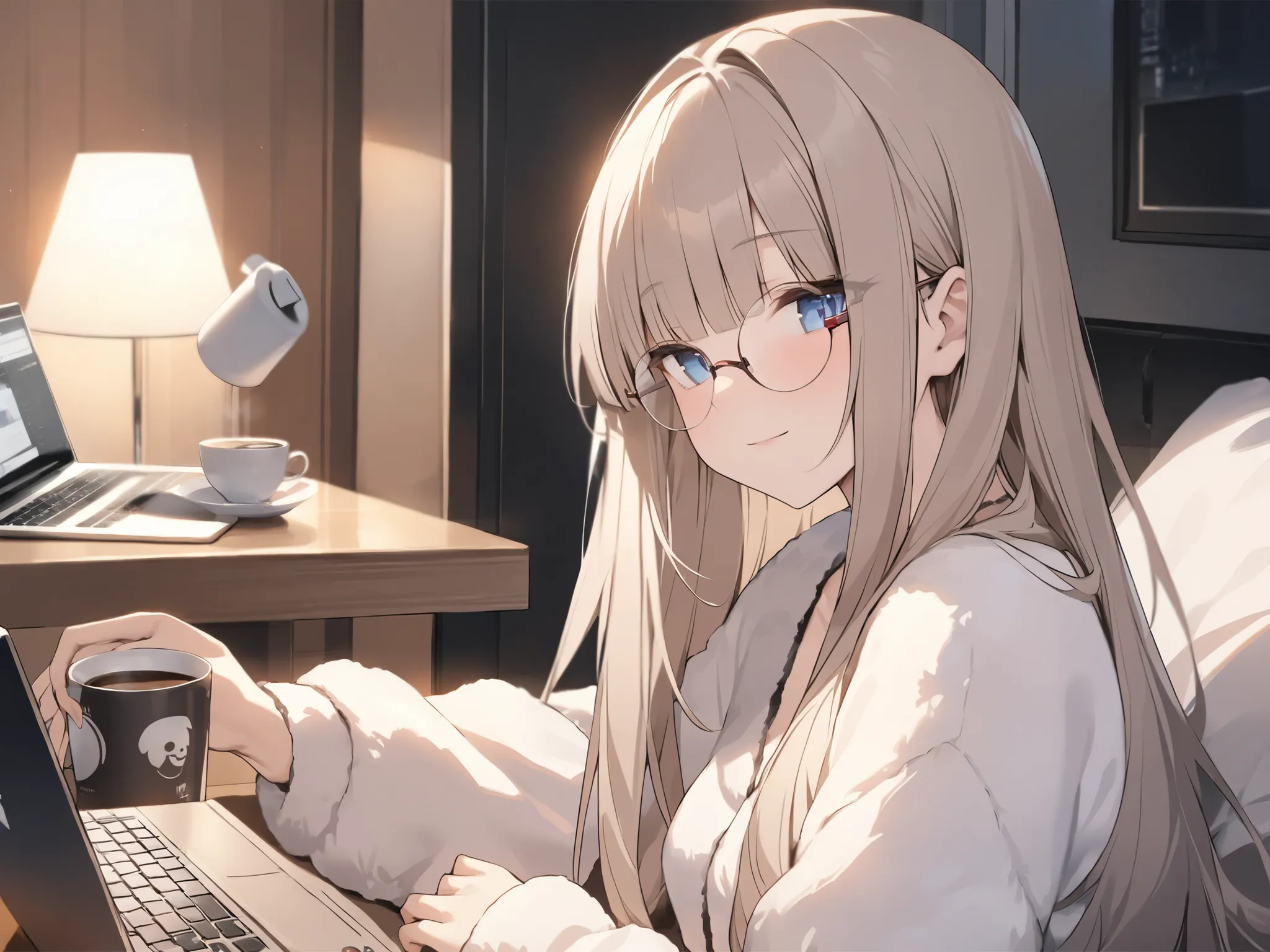 heavy blunt bangs 、chest length hair、loungewear、whitish ash brown colored hair、oval glasses、blue dark eyes 、princess cut、light smile、I'm looking at my computer while drinking a coffee cup、dark room、masterpiece、Highest Quality、uncensored