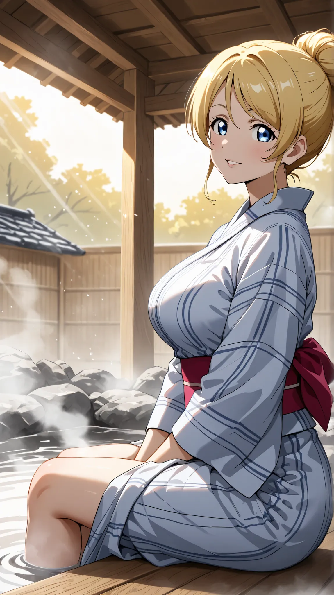 (master piece, professional quality, high resolution, 8k, ultra detailed), eri ayase, hot spring, steam, Foot bath, in the noon, sunny, sunbeam, sidelighting, light sparkles, soft shadows, roof, sitting, hand between legs, yukata, big breasts, smile, parte...