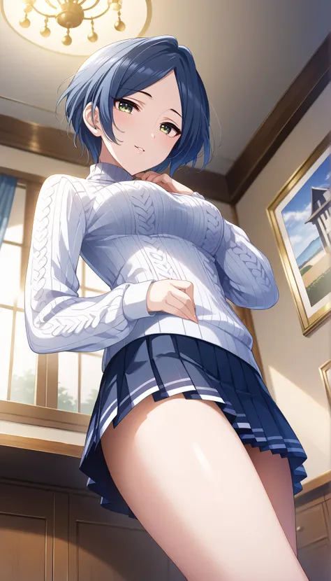 (((ＭasterPeace))),(((High Quality))),(((Hayami kanade))),(((medium breasts))),Black pleated skirt,((Slim and beautiful thighs)),purple knitted sweater,blue hair,short hair,((low angle)),Ulchan-6500-v1.1, ( RAW photos :1.2), beautiful detailed, very detaile...