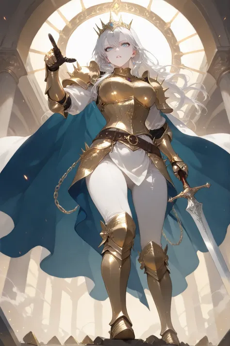 masterpiece, best quality, ultra high definition, high resolution, noise-free, (slender woman with firm medium-sized breasts:1.2), long flowing platinum silver hair with voluminous waves cascading down her back, delicate silver circlet crown with spiked hi...