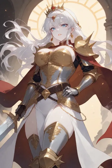 masterpiece, best quality, ultra high definition, high resolution, noise-free, (slender woman with firm medium-sized breasts:1.2), long flowing platinum silver hair with voluminous waves cascading down her back, delicate silver circlet crown with spiked hi...