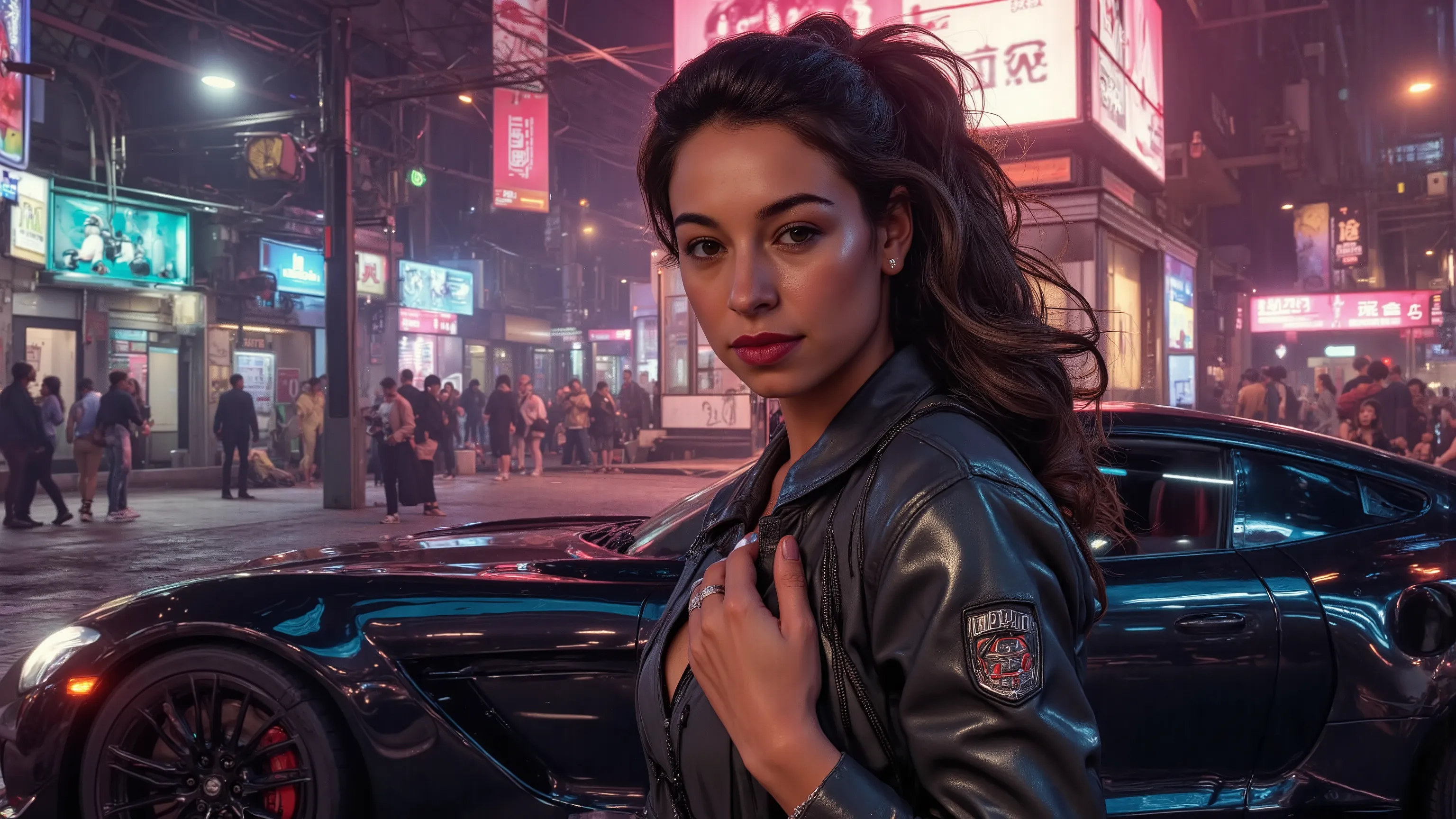 An athletic female is posing in a cyberpunk city near a cyberpunk sports car at night, wearing a futuristic outfit. Autumn, wind, horizon, sharp light and shadows, cityscape, panorama. She has a beautifully styled hair, highly defined body, highly defined ...