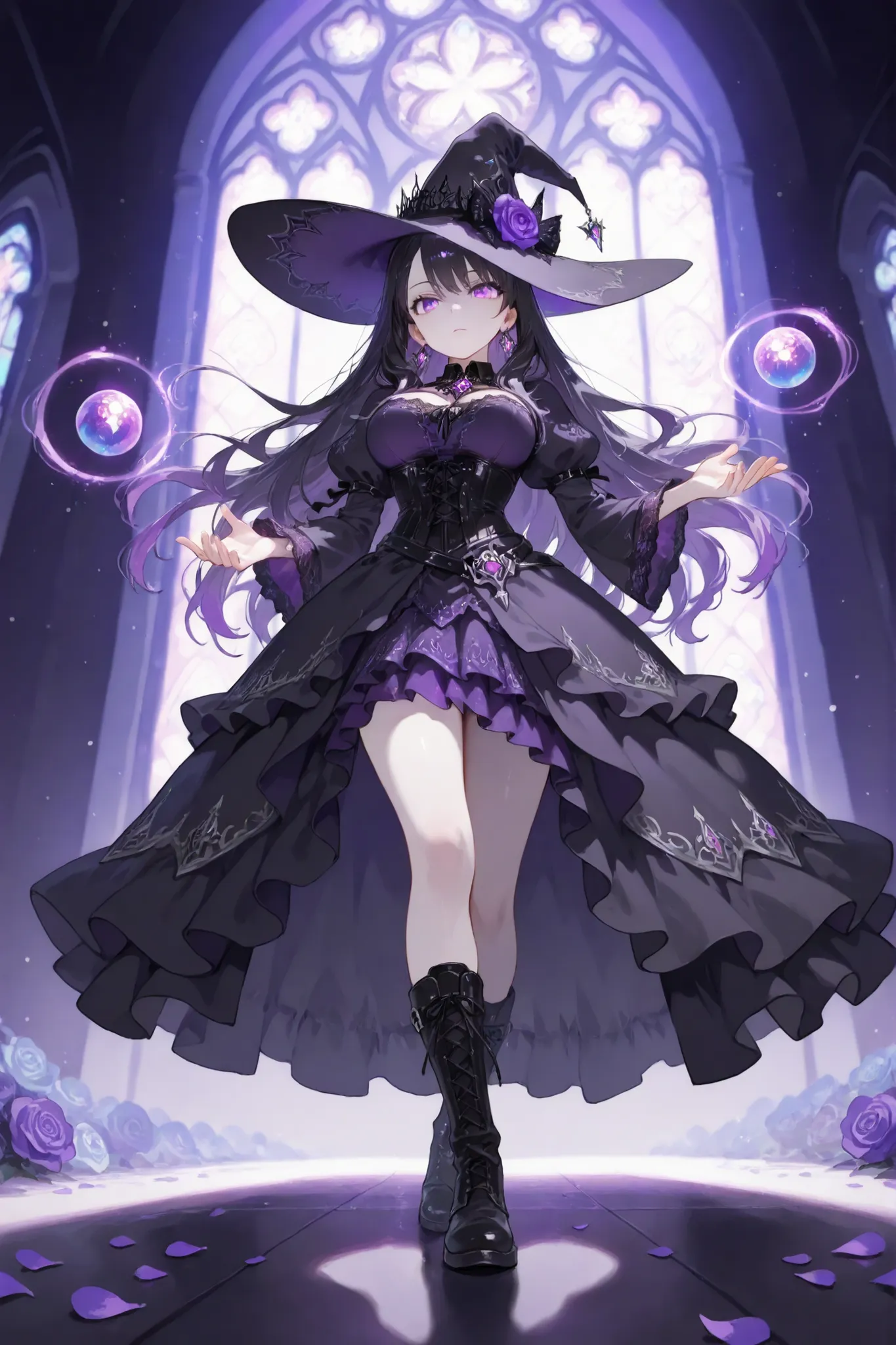 masterpiece, best quality, ultra high definition, high resolution, noise-free, (slender woman with firm medium-sized breasts:1.2), long flowing wavy black hair with purple sheen, wide-brimmed pointed witch hat with silver studs, piercing glowing violet eye...