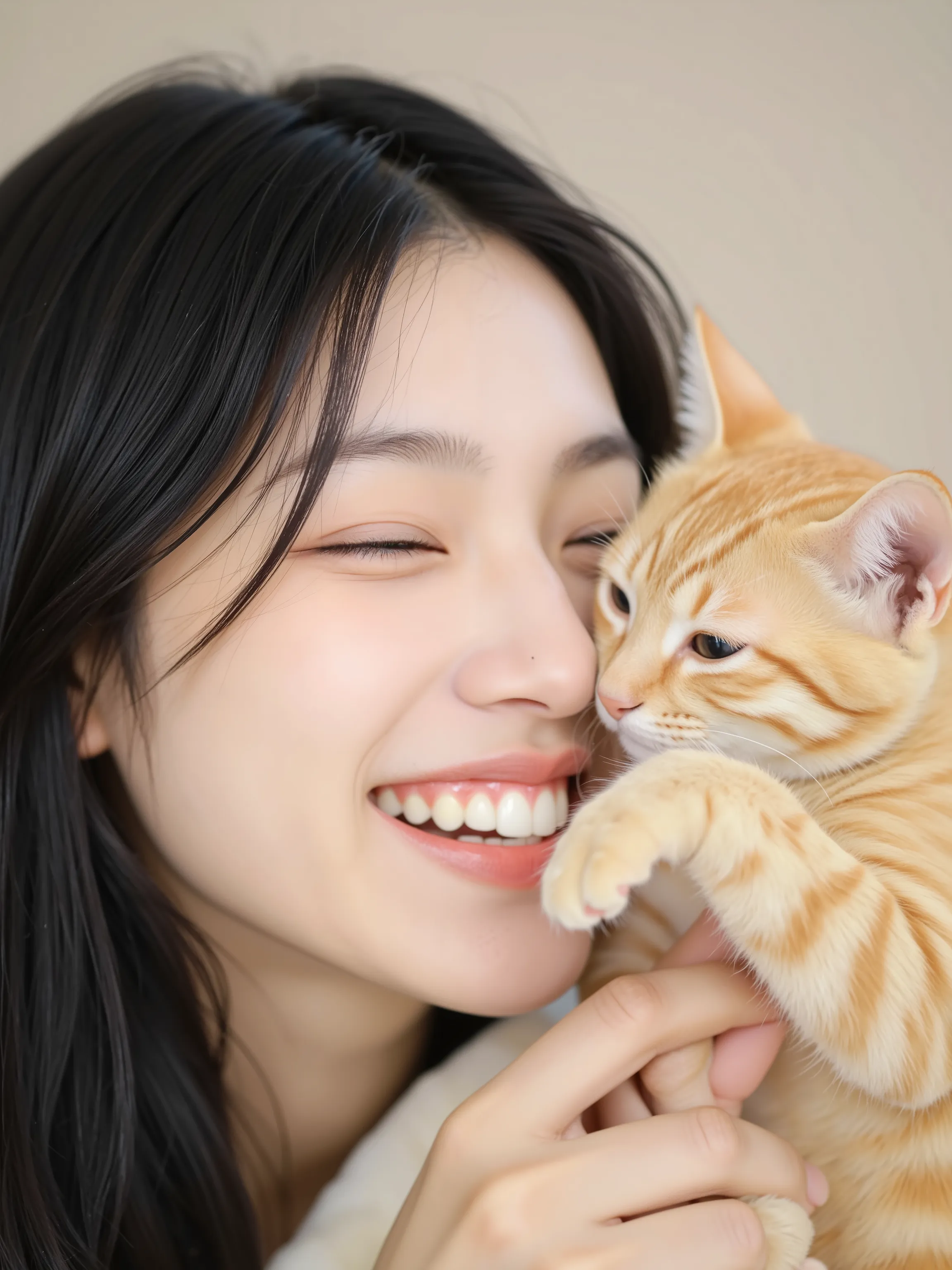 A close-up photograph captures a Japanese woman's face with a happy expression as she receives a playful punch from an orange tabby cat's front paws. The woman has black hair and is shown against a soft, blurred neutral background. The cat's extended paws ...