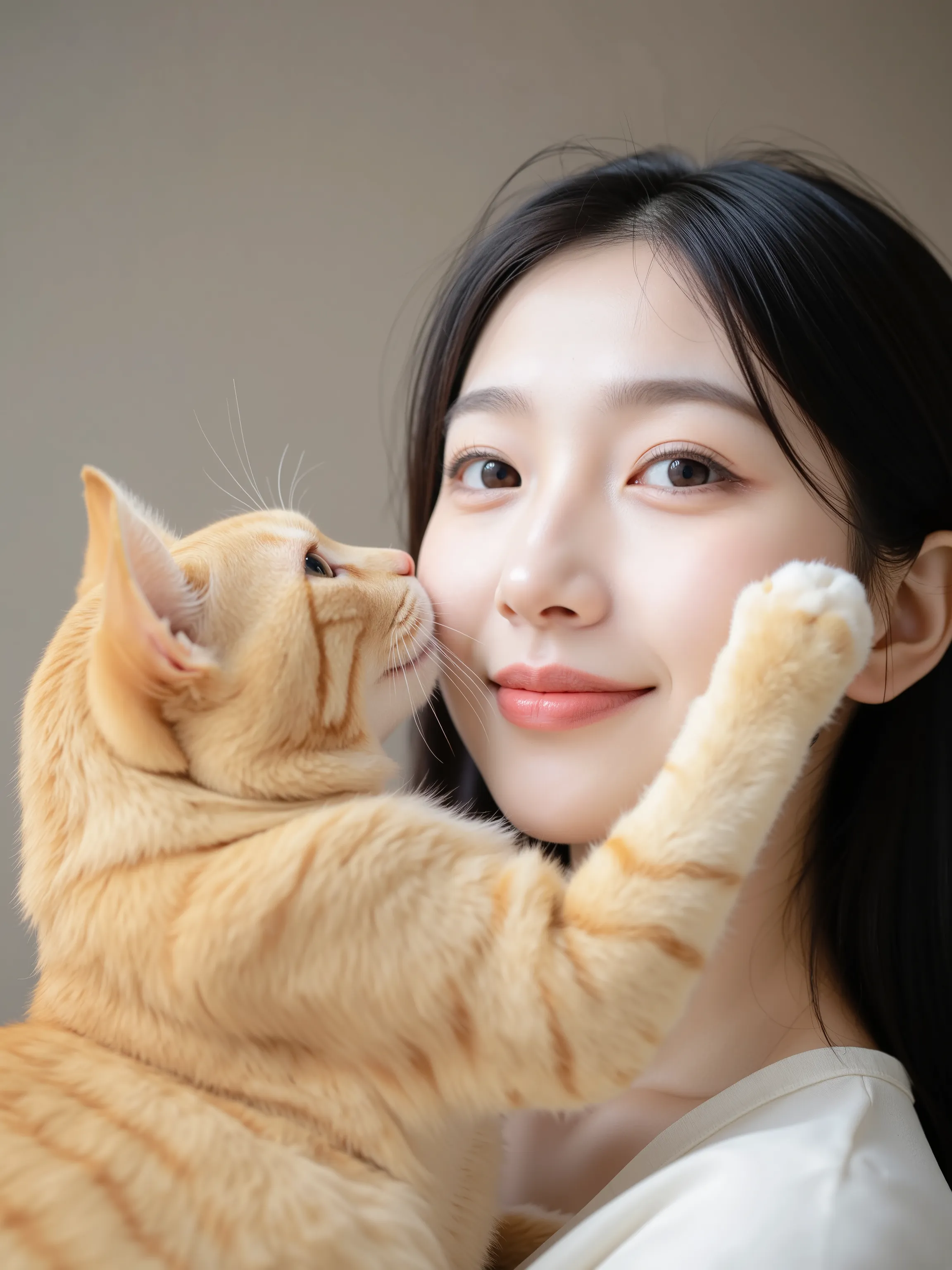 A close-up photograph captures a Japanese woman's face with a happy expression as she receives a playful punch from an orange tabby cat's front paws. The woman has black hair and is shown against a soft, blurred neutral background. The cat's extended paws ...