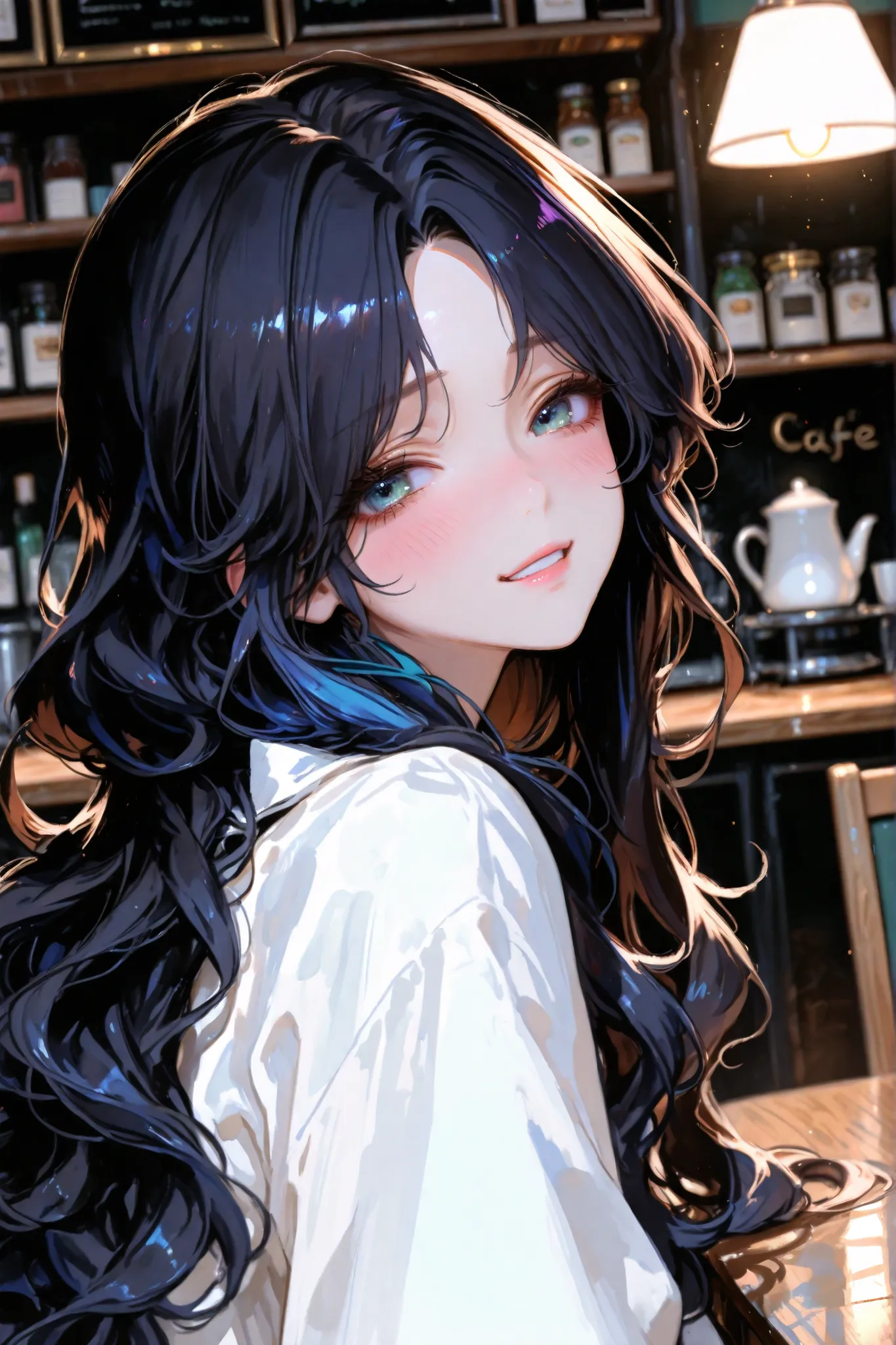 beautiful 1female. The female is a 30-years-old full black hair styled in ((long hair and wavy hair)) and (((curtained bangs))). Her eyes are beautiful a mix of cyan blue gradation, she looks Giddy and desired face with blush, she want the Financier on dis...