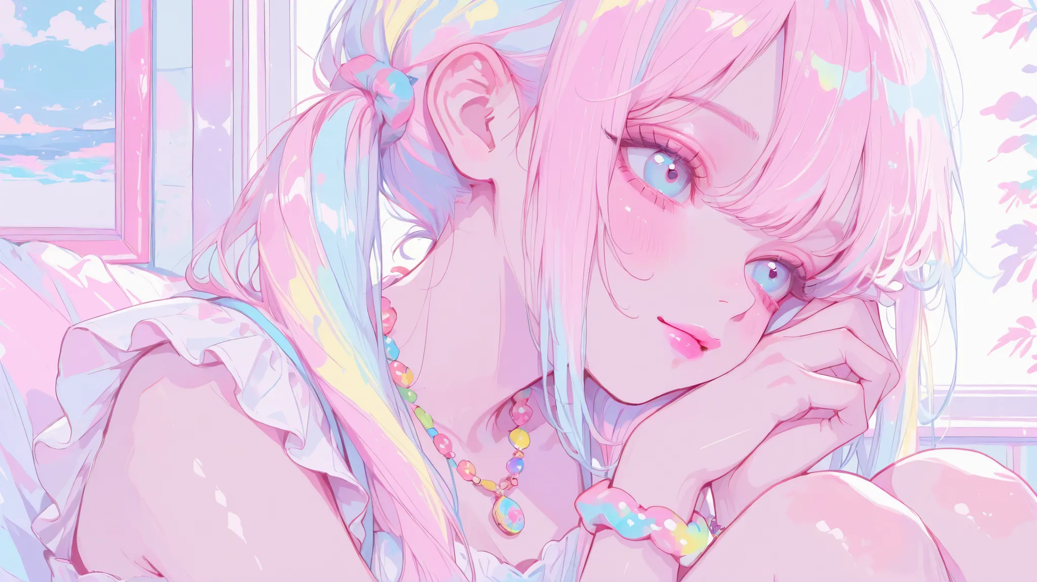 Pastel colors, one girl, summer attire, cute light blue eyes, pink lips, top quality, colorful bracelets, colorful necklace, long twin tails of pastel hair, facing us,
