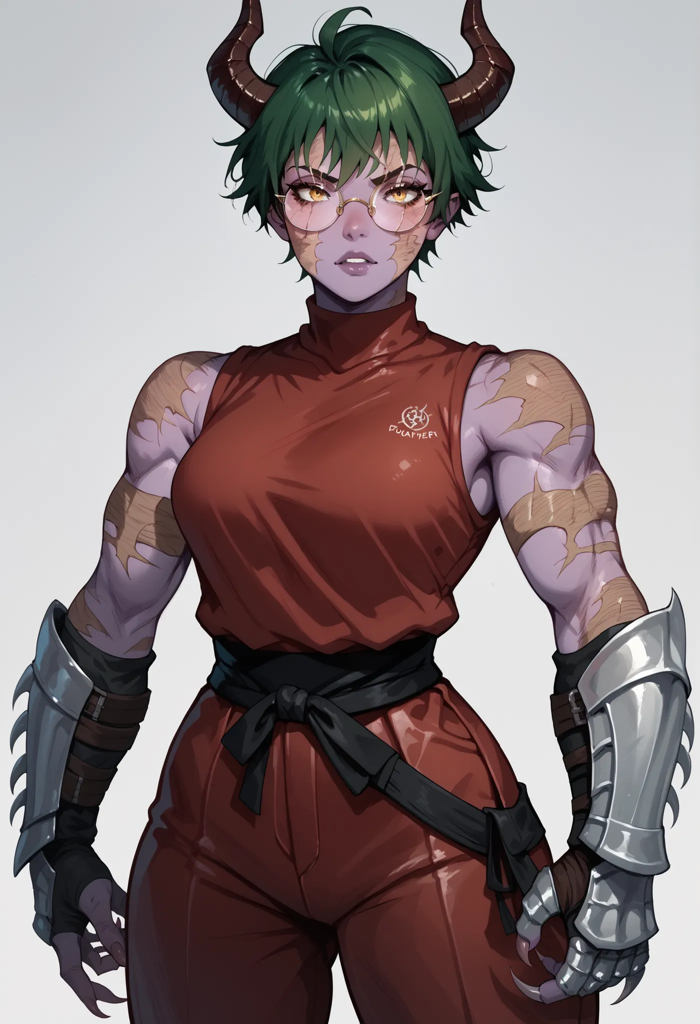 maki, green hair, yellow eyes, round glasses, scars on body, scar, burn scar, demon girl, horns red shirts, red pants, purple skin, sleeveless, muscular female, TMNTShredder, armored samurai, knight, claw gauntlets