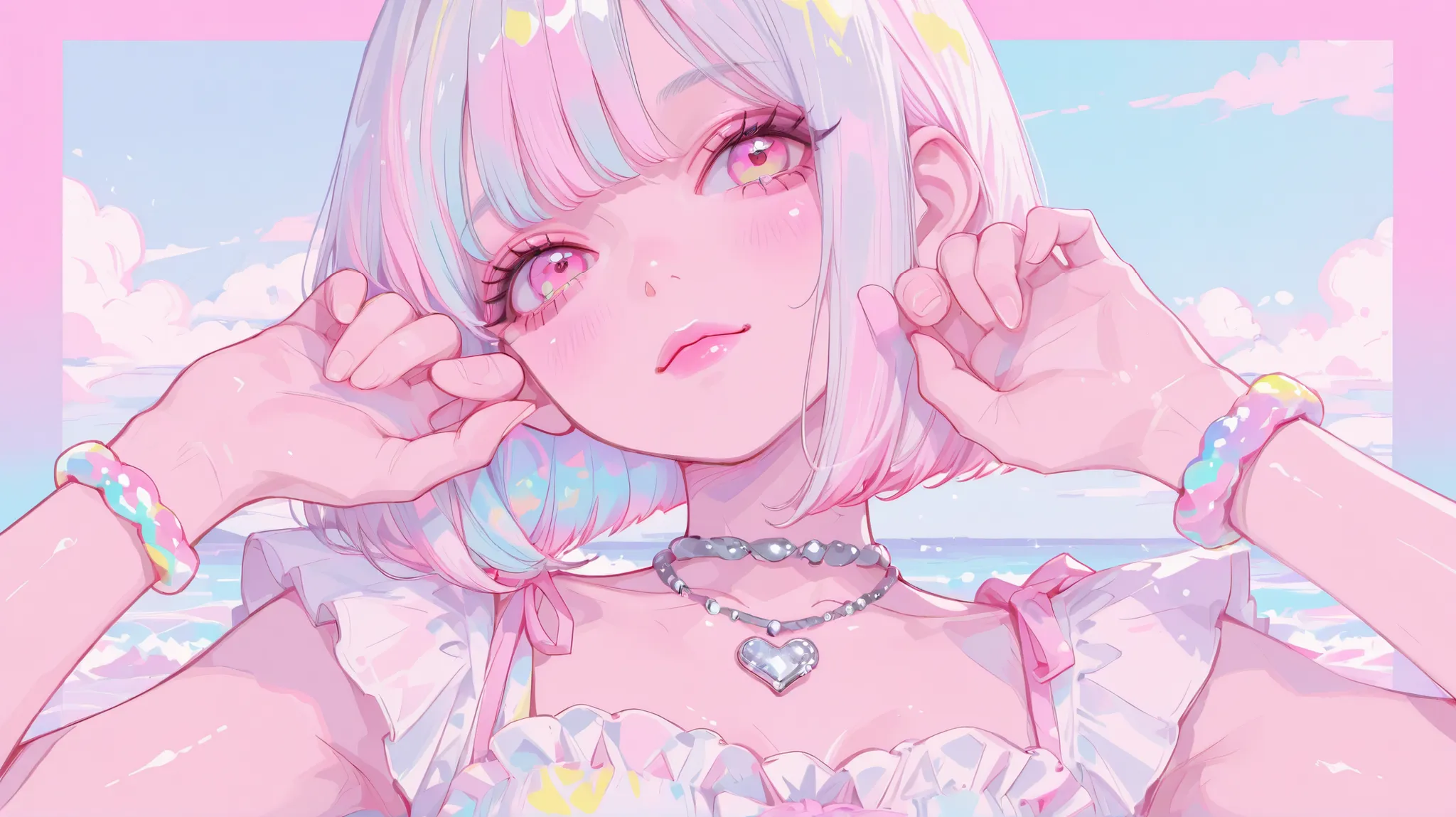 Pastel colors, one girl, summer attire, cute pink eyes, pink lips, top quality, colorful bracelet, silver necklace, pastel hair (bob), looking this way,