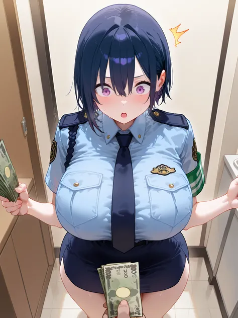 masterpiece,  Highest Quality,  complicated details, high definition, 
1 woman, solo, 

mash short hair, dark blue hair, purple eyes,
huge breast, huge hips, Young face, Short stature,

police, police uniform, skirt, miniskirt, cosplay, 

room, taken from ...