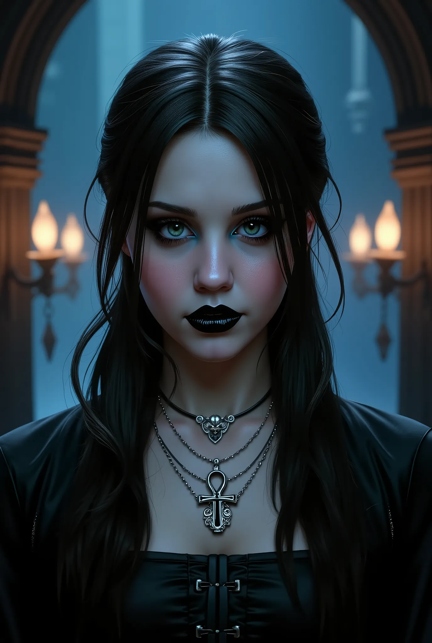 a very white gothic girl(Amanda Bynes ) with black hair , black lipstick , black eyes and a black jacket, Who wears an ankh necklace , im DC-Comics-Stil