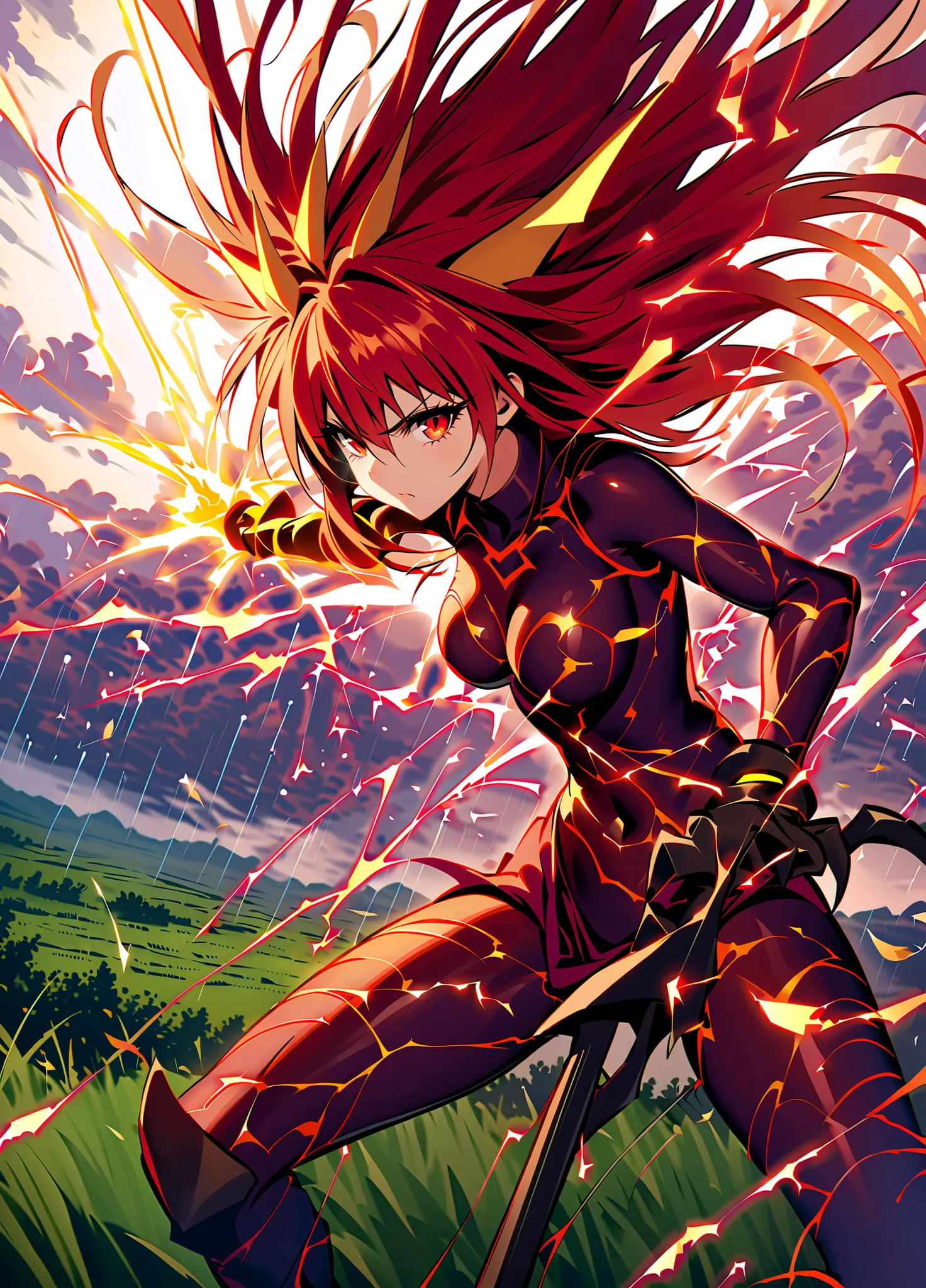 masterpiece, best quality,     zzZapdos,  Rain lashes sideways as zzZapdos floats just above a field of tangled power lines, her body wrapped in a pulsing electric aura. Her spiky yellow feathers bristle with barely-contained voltage, and arcs of lightning...