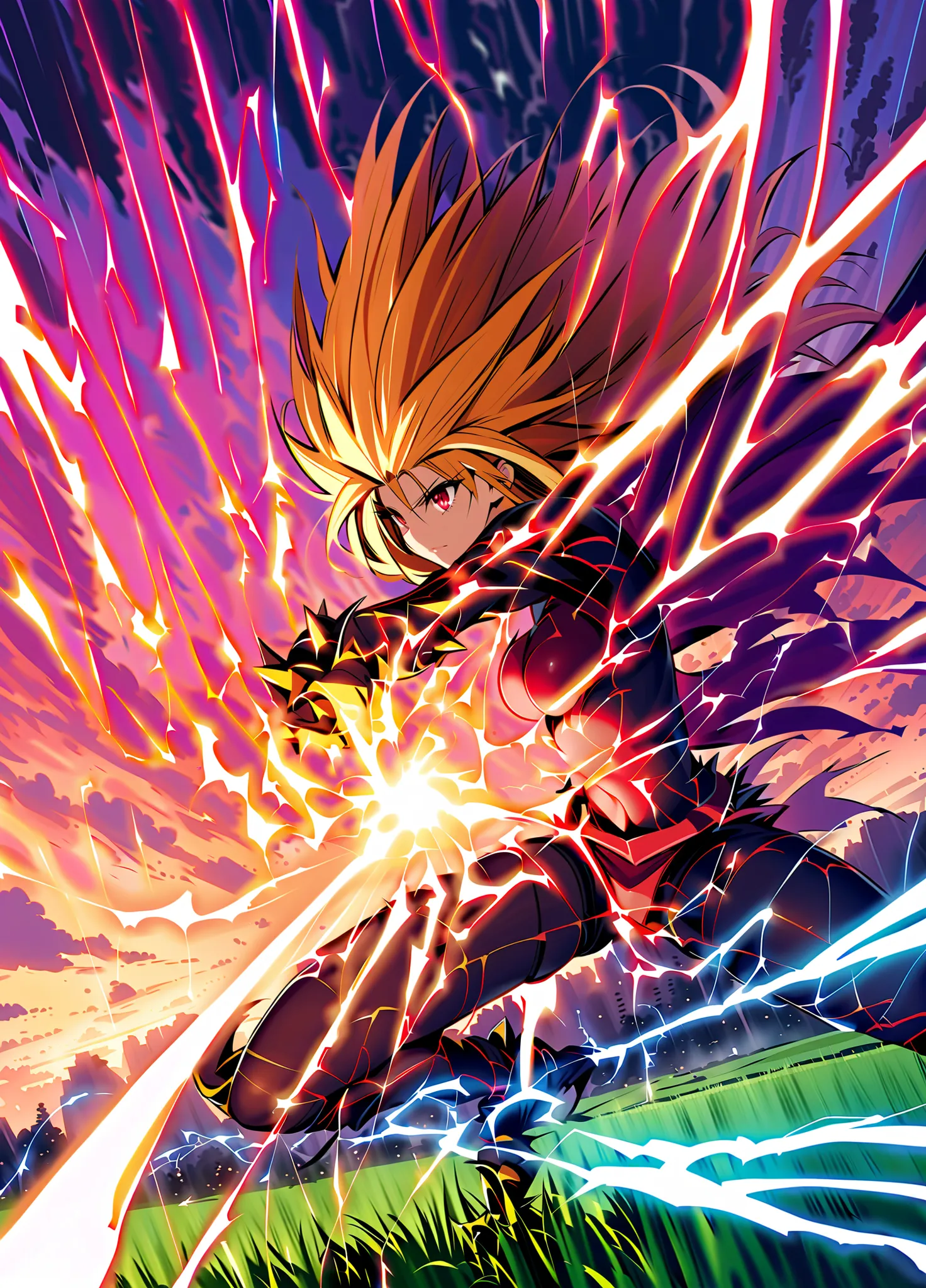 masterpiece, best quality,     zzZapdos,  Rain lashes sideways as zzZapdos floats just above a field of tangled power lines, her body wrapped in a pulsing electric aura. Her spiky yellow feathers bristle with barely-contained voltage, and arcs of lightning...