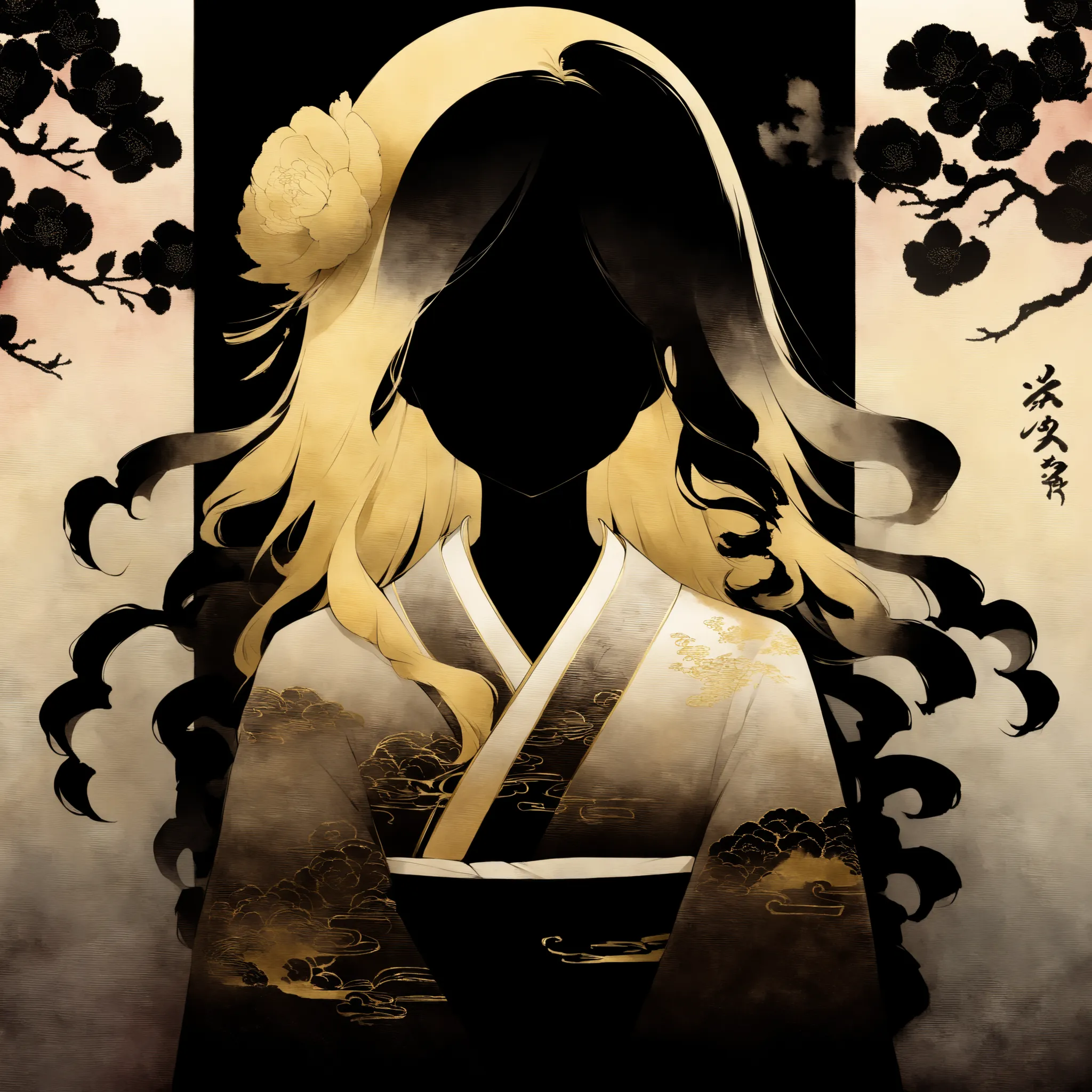 solo, upper body, drill hair, long blond hair, girl, peony pattern kimono, gold, pink, and black painting, , Thick outline, black outline, Draw an outline with ink, simple plum tree background, emphasizes light, Shadow and space, A lot of white space , us...