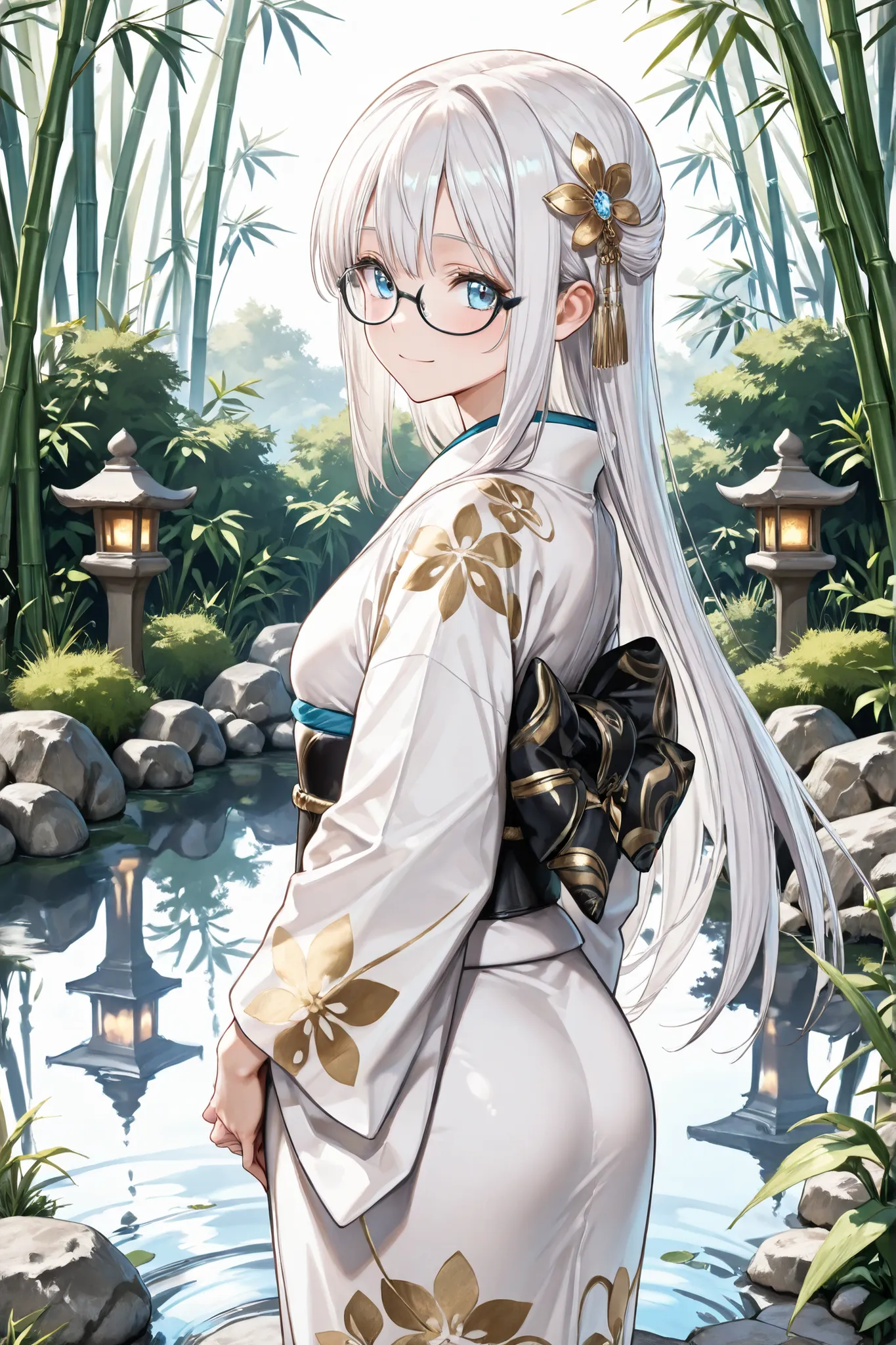 ((Masterpiece)),((best quality)),((incredibly absurdres)),((8K)),(semi realistic),
1 girl,solo,young female,aged up,kawaii,white hair,long hair,straight hair,blue eyes,small breasts,
(black eyewear),(white kimono,black obi,gold pattern),frower hair orname...