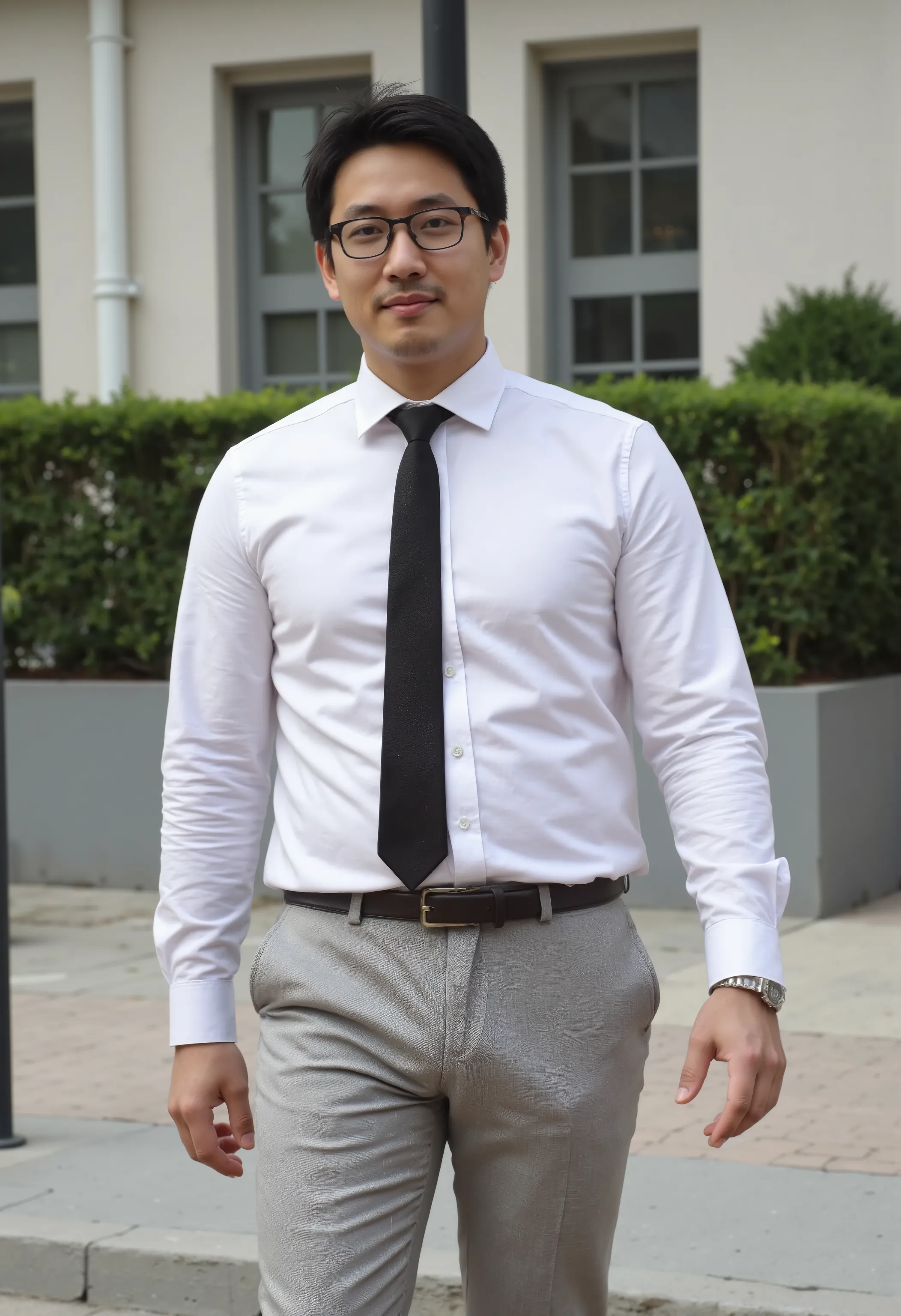 The 38-year-old Asian, wearing eyeglasses and a white long-sleeved shirt, fitted light grey slacks, a black tie, a very handsome, plump figure in the crotch of his trousers, showed a bulging, rounded, long torso under the crotch. Leaning upwards to the lef...