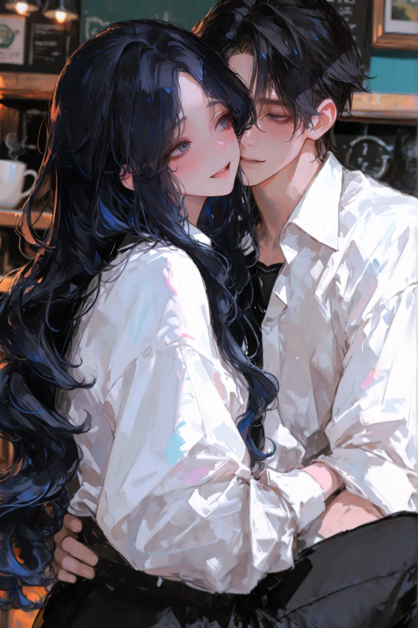 1male and 1female romantic couple. The female is a 30-years-old full black hair styled in ((long hair and wavy hair)) and (((curtained bangs))). Her eyes are beautiful a mix of cyan blue gradation, she looks Giddy and desired face with blush, she want the ...
