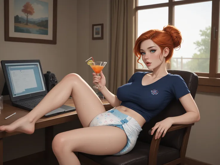 A hyperrealistic profile picture of an innocent, twenty-two-year-old redhead girl sitting in a chair studying in her room on a scorching summer day with orange highlights from the almost-dark sunset. The girl's hair and body are drenched in sweat, with lar...