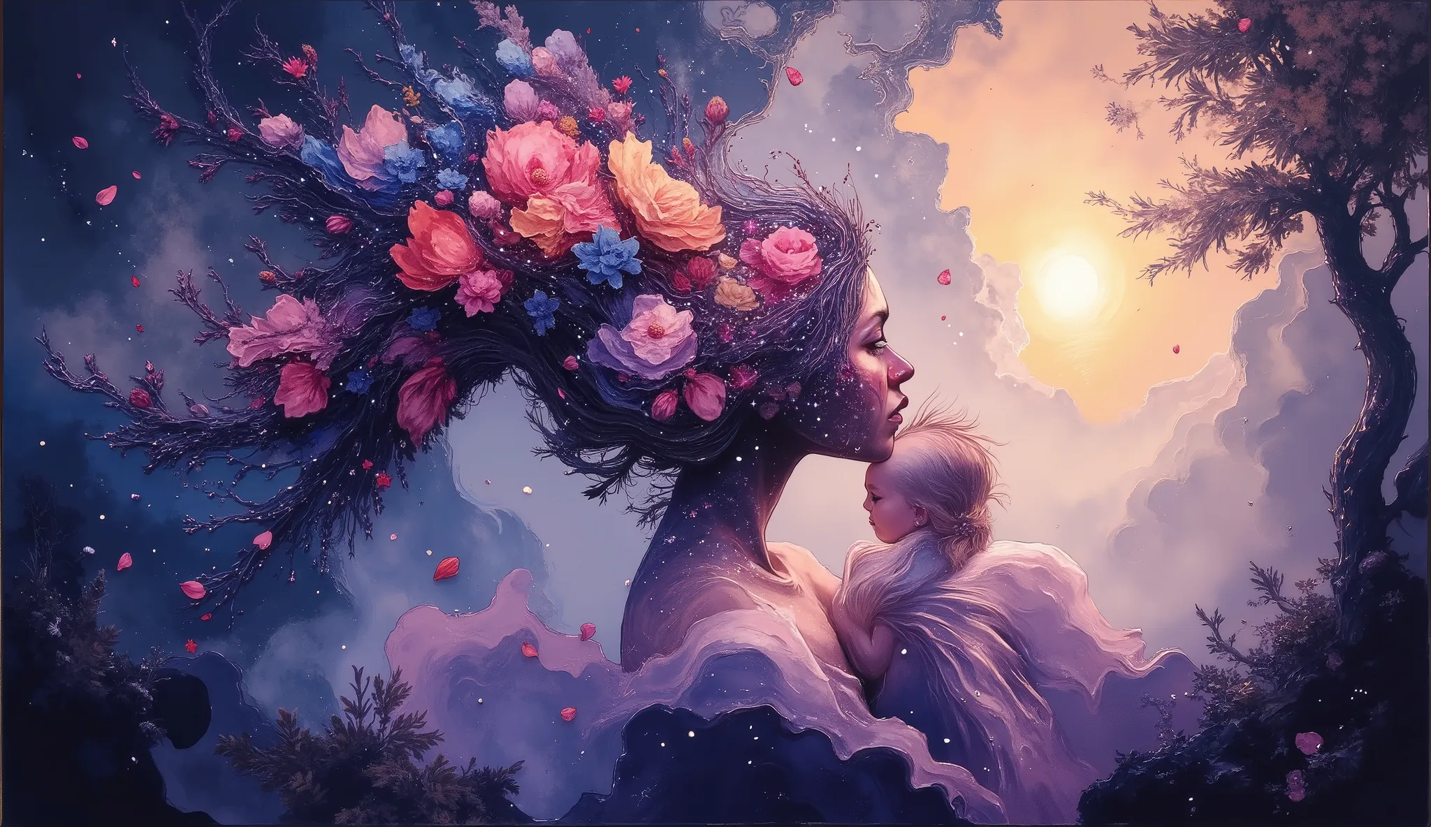 Dreamlike digital artwork of a mother holding her baby in her arms. Her cascading hair transforms into a vibrant waterfall of neon blackberries and flowers detailed with a zentangle pattern, twisting into a tornado of love and affection, becoming a cloak t...