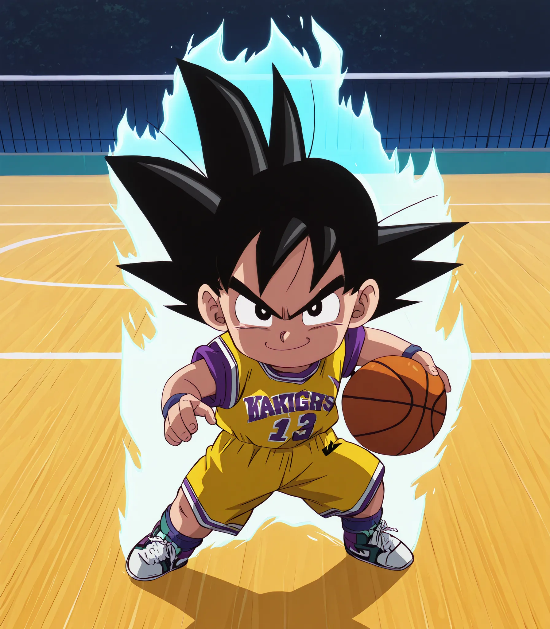 anime coloring, (masterpiece, best quality, very aesthetic, absurdres), 1boy, solo, little, chibi Goku, black pupils, black hair, spiked raised hair, basket ball uniform , LA Lakers home LA uniform, Lakers, Yellow and Purple basketball uniform, (masterpiec...