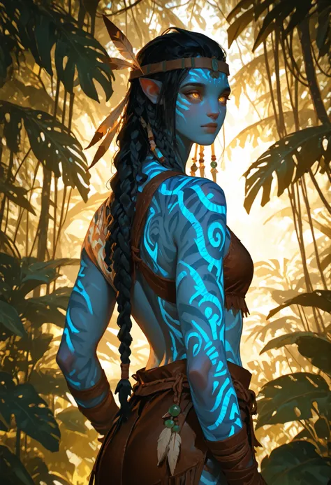 solo, colse-up portrait, a female Na'vi warrior standing confidently in the lush jungle, with deep cyan-blue skin, glowing bioluminescent markings across her face and body, tall and athletic build, long braided dark hair adorned with feathers and beads, la...