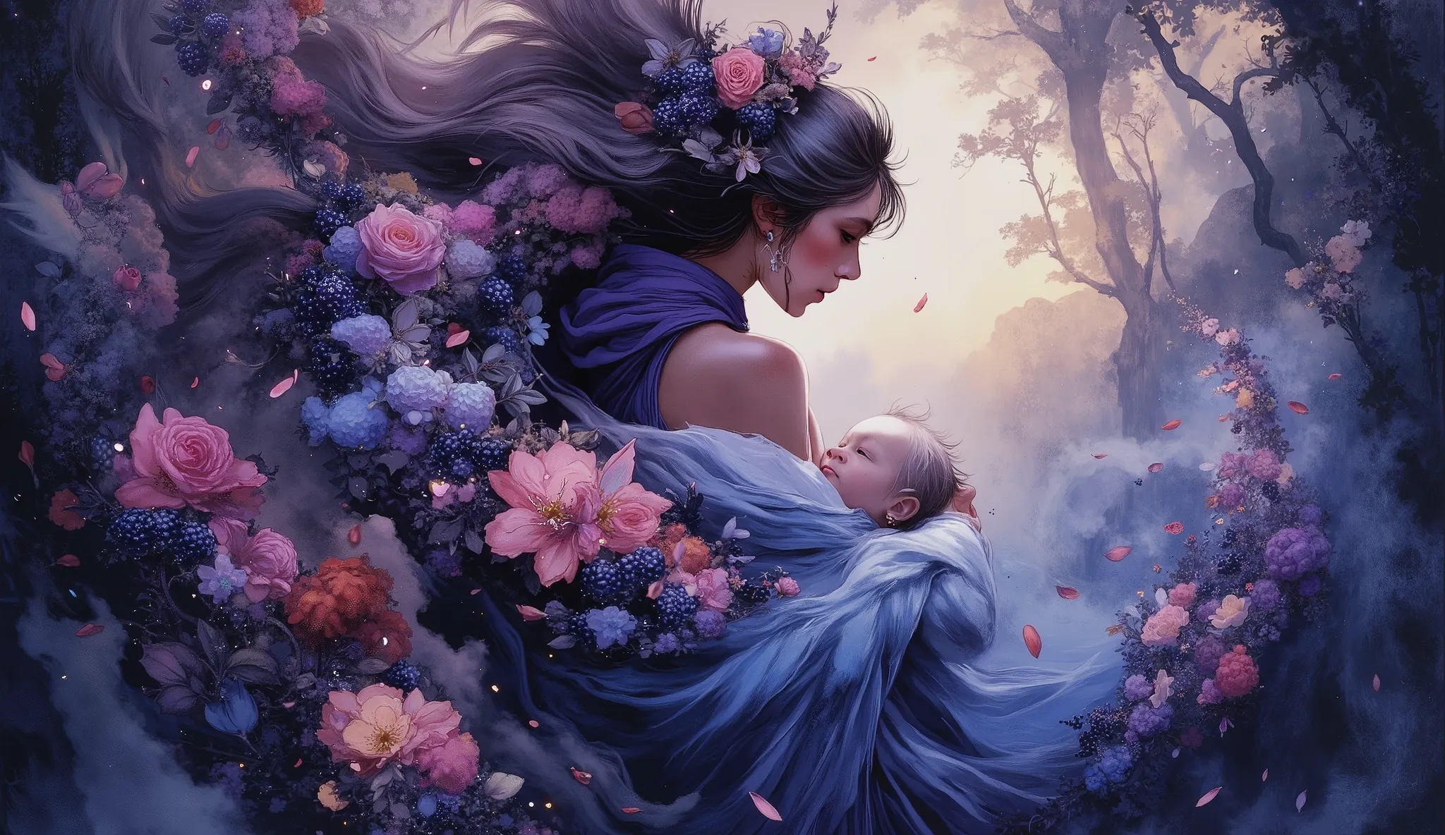 Dreamlike digital artwork of a mother holding her baby in her arms. Her cascading hair transforms into a vibrant waterfall of neon blackberries and flowers detailed with a zentangle pattern, twisting into a tornado of love and affection, becoming a cloak t...