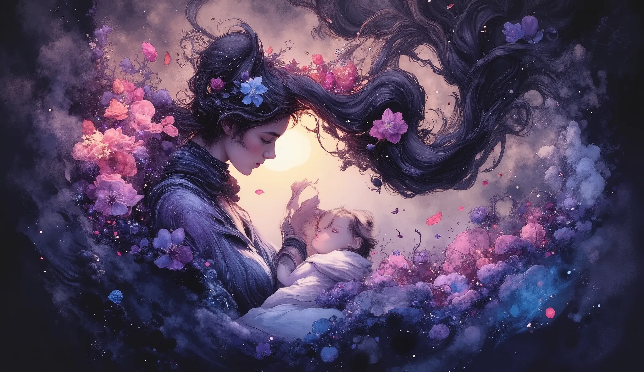 Dreamlike digital artwork of a mother holding her baby in her arms. Her cascading hair transforms into a vibrant waterfall of neon blackberries and flowers detailed with a zentangle pattern, twisting into a tornado of love and affection, becoming a cloak t...