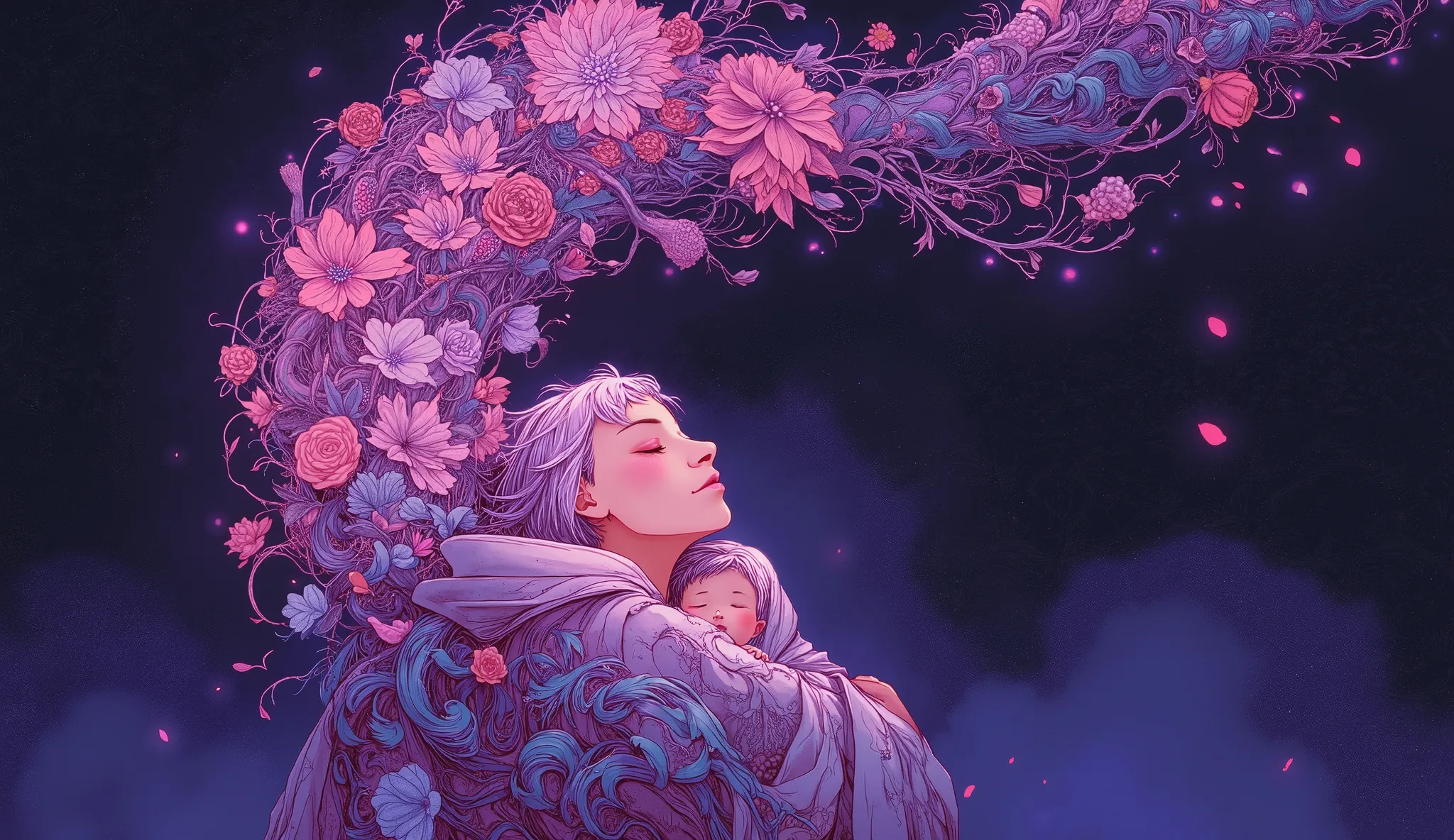 Dreamlike digital artwork of a mother holding her baby in her arms. Her cascading hair transforms into a vibrant waterfall of neon blackberries and flowers detailed with a zentangle pattern, twisting into a tornado of love and affection, becoming a cloak t...