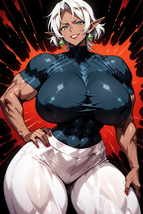 Elfa madura, elf ears, ( dark brown skin : 1.5), mature woman, (white hair: 1.4), short hair, (GREEN EYES: 1.5), (pretty eyes), evil expression, red lipstick background, malevolent smile, giant breasts e pesos, seios flácidos de mature woman, big breasts, ...