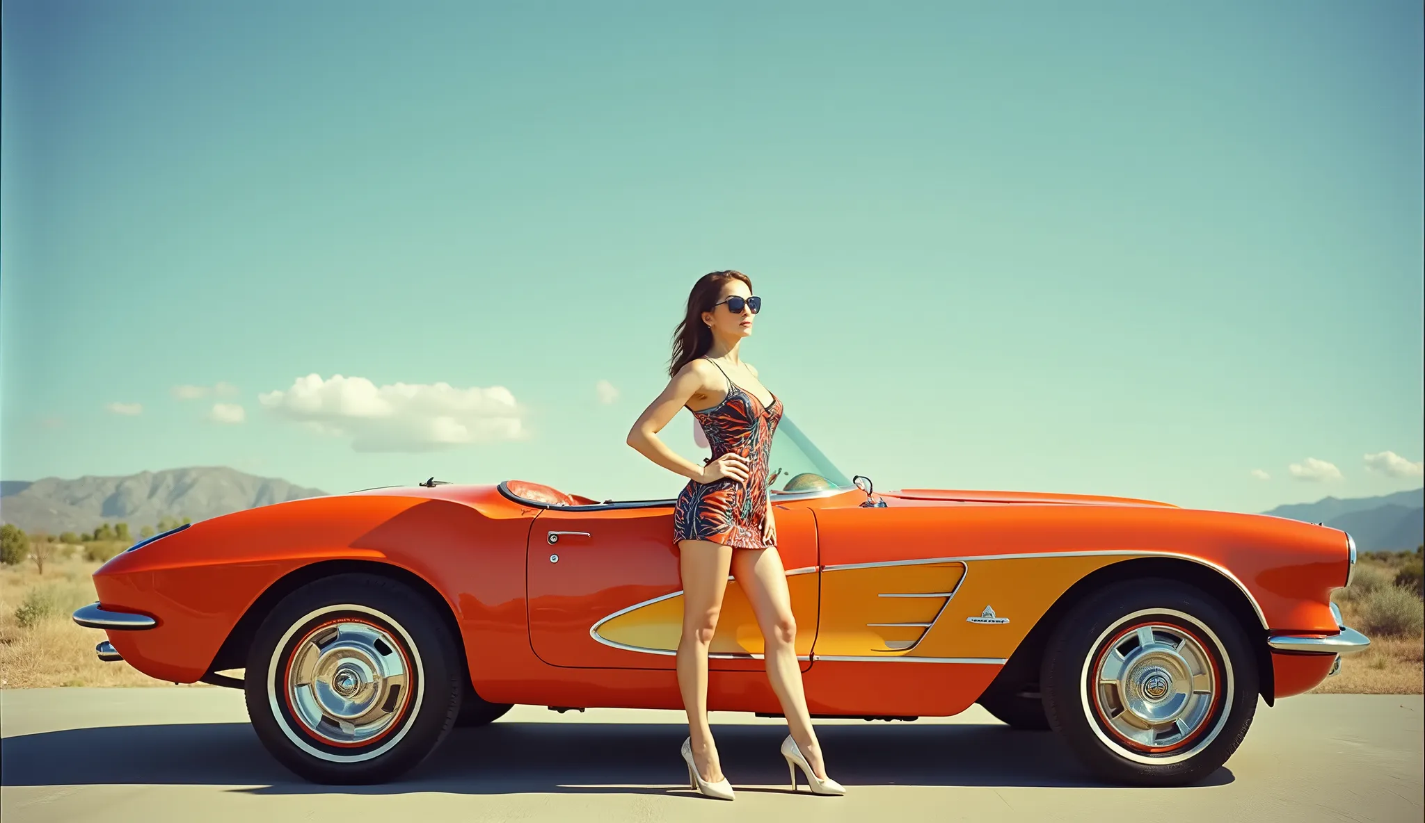 35mm film estilo rockabilly, mulher sexy,  sexy and exuberant woman in colorful , costumes stands in front of a vintage Corvette stingray automobile. She wears dark glasses and white gloves, high heels semi-transparent dress and tights with strap on. She i...