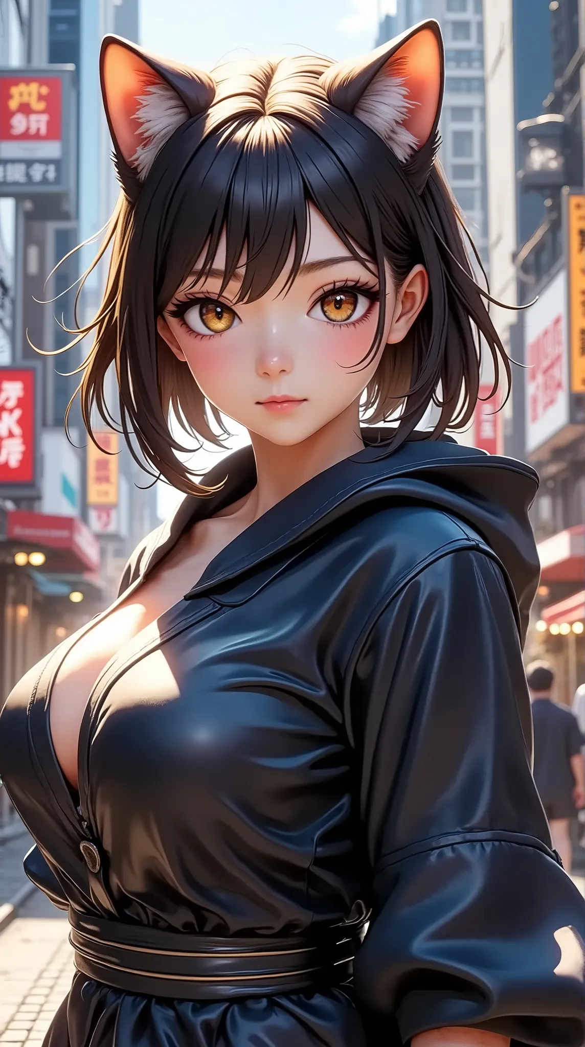 (masterpiece, computer, mejor quality , clear focus, shadow, ultra high definition, 8k, complete anatomy, Perfect Face,Backdrop is Osaka,Realistic Character,Ninja Meow Cat