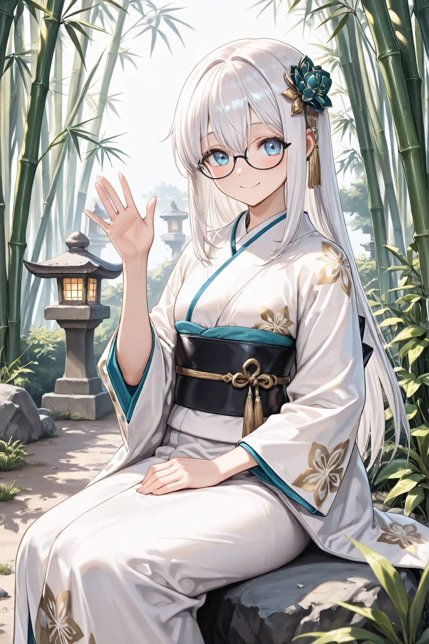 ((Masterpiece)),((best quality)),((incredibly absurdres)),((8K)),(semi realistic),
1 girl,solo,young female,aged up,kawaii,white hair,long hair,straight hair,blue eyes,small breasts,
(black eyewear),(white kimono,black obi,gold pattern),frower hair orname...
