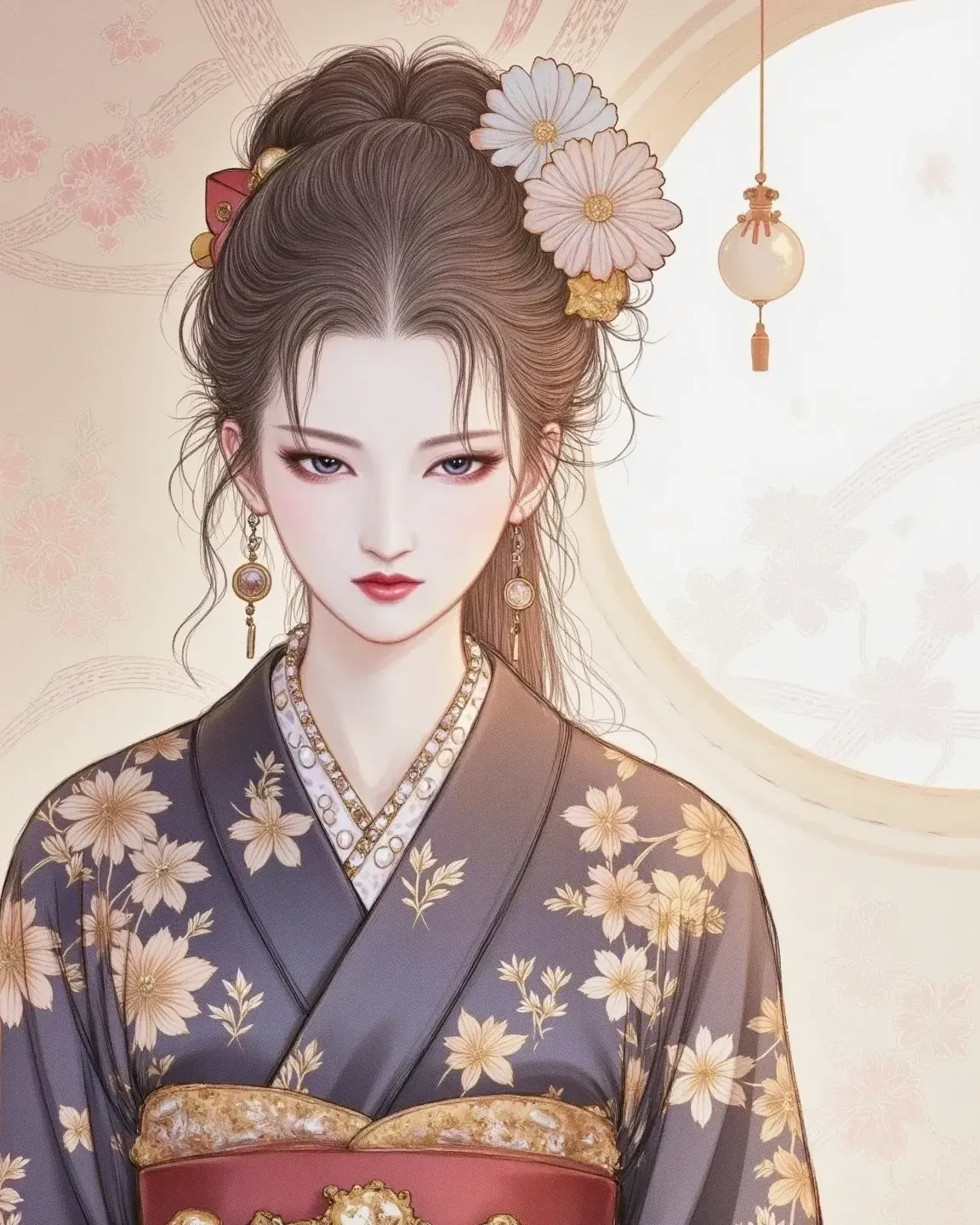  women in kimonos、dark eyes、Enchanting Melody、Graceful Notes、Rhythmic Score、Delicate decoration、Lines Expressing Emotion、Balanced Composition、realistic、Delicate Shading、Contrast of Light and Shadow、Warm Tones、elegant atmosphere、Painting-like Illustrations、Beautiful and Delicate Digital Art、4K High Resolution、Highest Quality、masterpiece