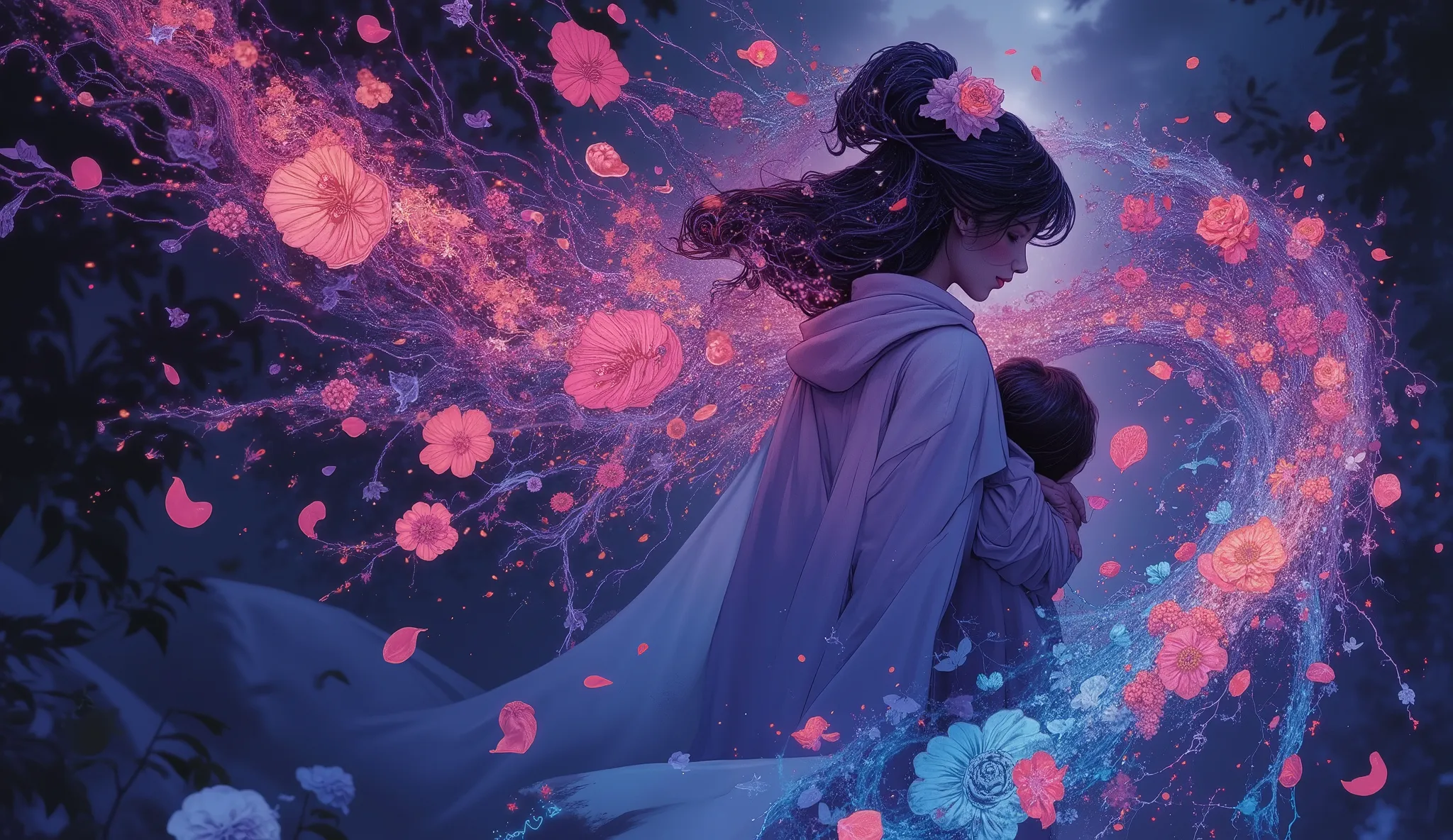 Dreamlike digital artwork of a mother holding her baby in her arms. Her cascading hair transforms into a vibrant waterfall of neon blackberries and flowers detailed with a zentangle pattern, twisting into a tornado of love and affection, becoming a cloak t...