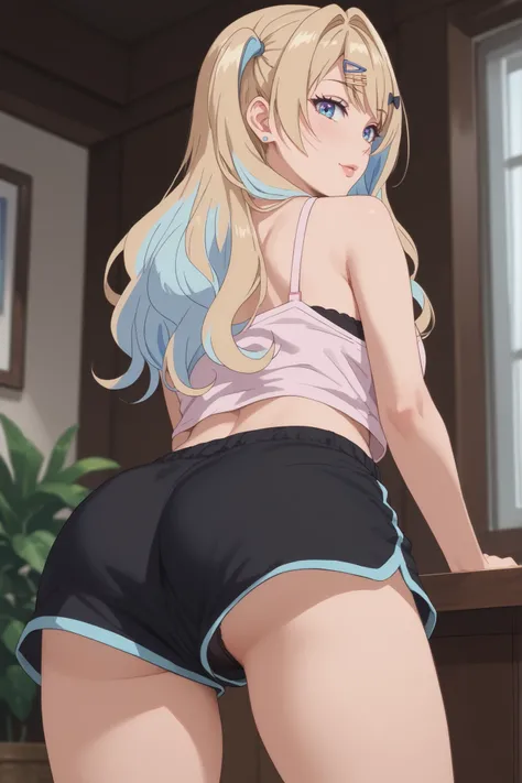   obra-prima ,   best quality, 1,luna shirakawa, upshorts, Look at the black panties  , with the back  ,Very loose shorts showing part of the underwear, black pajama shorts with pink prints ,looking at the viewer,Blonde hair with light blue highlights