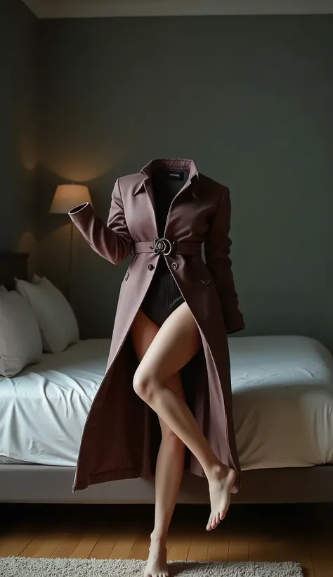 invisible woman in a coat and a skirt, visible legs, sexy long legs, sexy long legs, (bare foot:1.5), (headless:2), headless, (invisible body in a coat and a skirt:2), (invisible body:2.5), invisible arms, big bust, big bust, realistic, sitting on a bed, l...