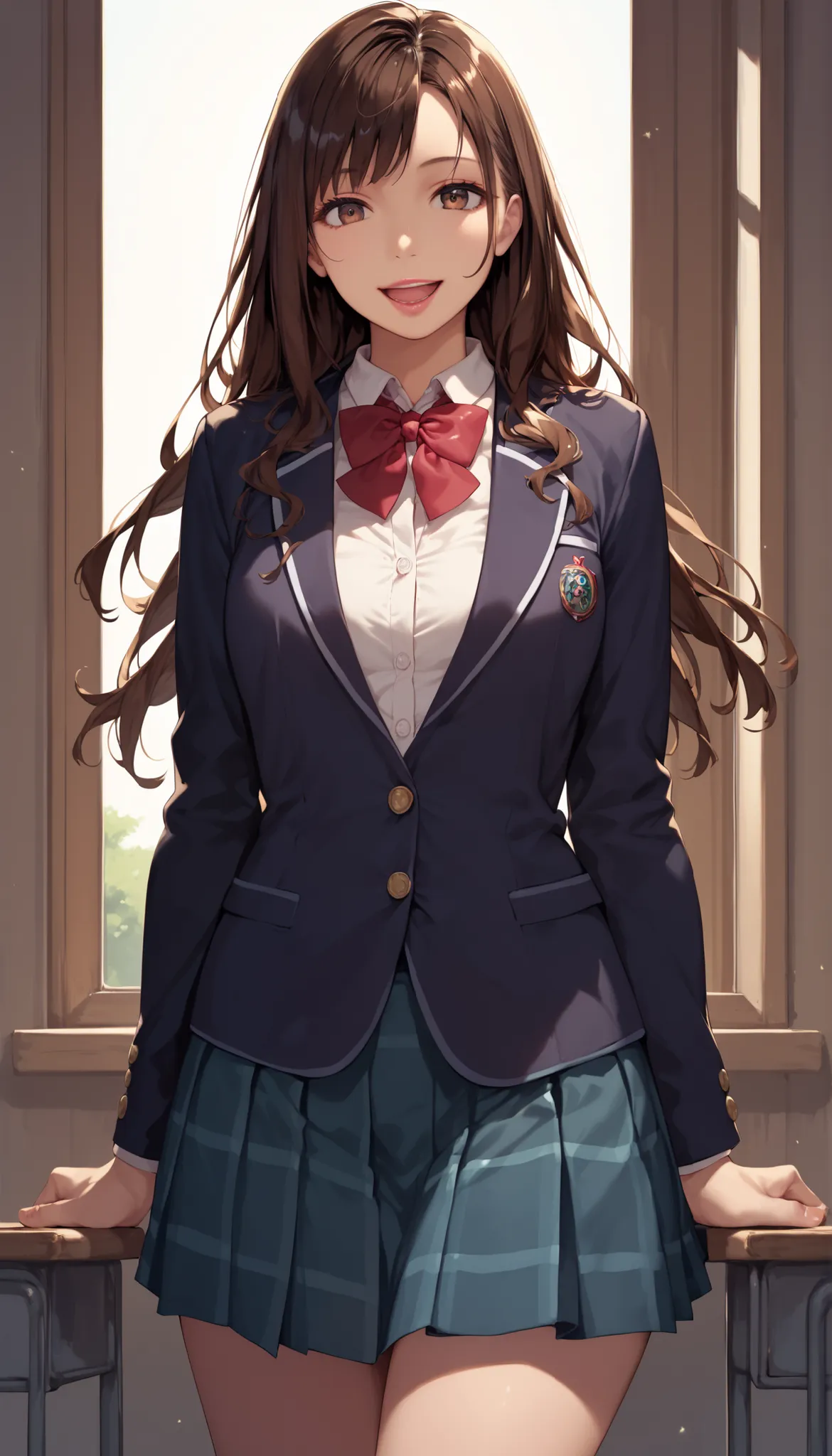masterpiece,best quality,amazing quality, shimamura uzuki, long hair, brown hair, brown eyes, 1girl, solo, smile, open mouth, red bowtie, looking at viewer, school uniform, shirt, buttoned blazer , cowboy shot ,glossy lips