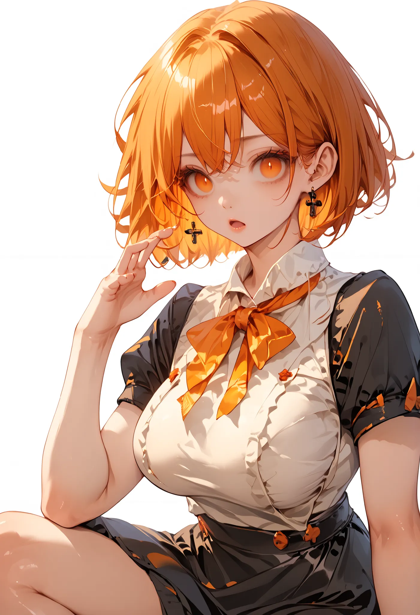 empty eyes,expressionless,open mouth,1cute girl,large breasts,solo,alone,Looking at viewer,short hair,amber orange hair,short sleeves,(High heel),Random pose,White background,masterpiece,best quality,very aesthetic,absurdres