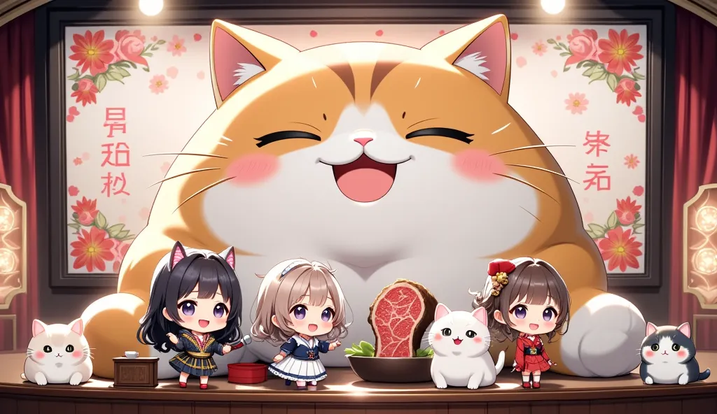 (ultra-detailed animated chibi anime), best quality, clear focus, dramatic scene, cinematic, (ultra-high resolution), perfect anatomy, perfect face, (detailed face), (detailed eyes), (chibi), there are row of girls\(chibi, famous Japanese chibi idol girl, wearing Japanese girl idol's raffled stage costume with mini skirt, ribbon, hair accessories, very beautiful and cute face, medium breasts, smile, holding a microphone, singing\) and cute giant fat cat\(male cat but dancer, wearing a stage costume, adorable giant fat cat, cute, happy, smile, detailed, detailed eyes\), (row of 3 idol girls and her giant cat are performing their live on the stage), on a special stage with professional lighting with floral patterned background with large screen, the large screen displays that a cat eating a huge steak at the fine steak house,