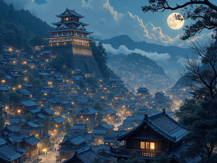 A fantastical night view of a traditional Japanese mountain town. Countless wooden houses with tiled roofs and softly glowing windows climb the misty hillside. The scene is bathed in moonlight and warm lantern light, creating a calm and dreamlike atmospher...