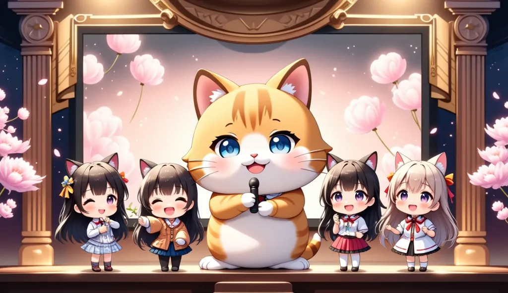 (ultra-detailed animated chibi anime), best quality, clear focus, dramatic scene, cinematic, (ultra-high resolution), perfect anatomy, perfect face, (detailed face), (detailed eyes), (chibi), there are row of girls\(chibi, famous Japanese chibi idol girl, wearing Japanese girl idol's raffled stage costume with mini skirt, ribbon, hair accessories, very beautiful and cute face, medium breasts, smile, holding a microphone, singing\) and cute giant fat cat\(male cat but dancer, wearing a stage costume, adorable giant fat cat, cute, happy, detailed, detailed opened eyes\), (row of 3 idol girls and her giant cat are performing their live on the stage), on a special stage with professional lighting with floral patterned background with large screen, the large screen displays that a cat eating a huge steak at the fine steak house,