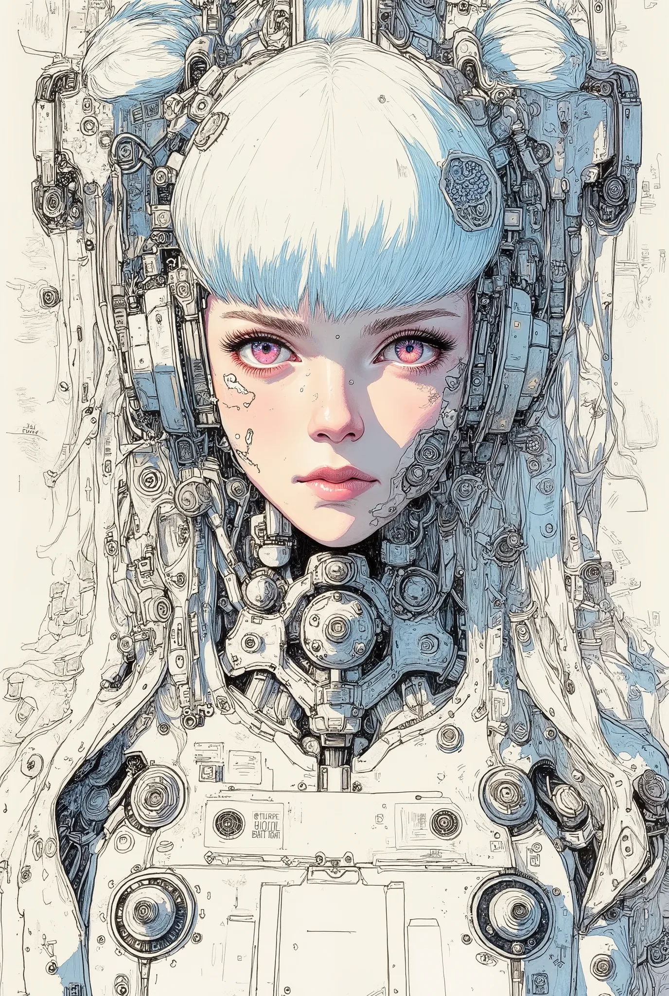 engineering drawing, thin line pen drawing, detailed anime-style portrait of a cyborg girl with ponytails, 3/4 view, she has light blue hair and pink eyes, surrounded by intricate mechanical components, the overall aesthetic is futuristic and mechanical, w...