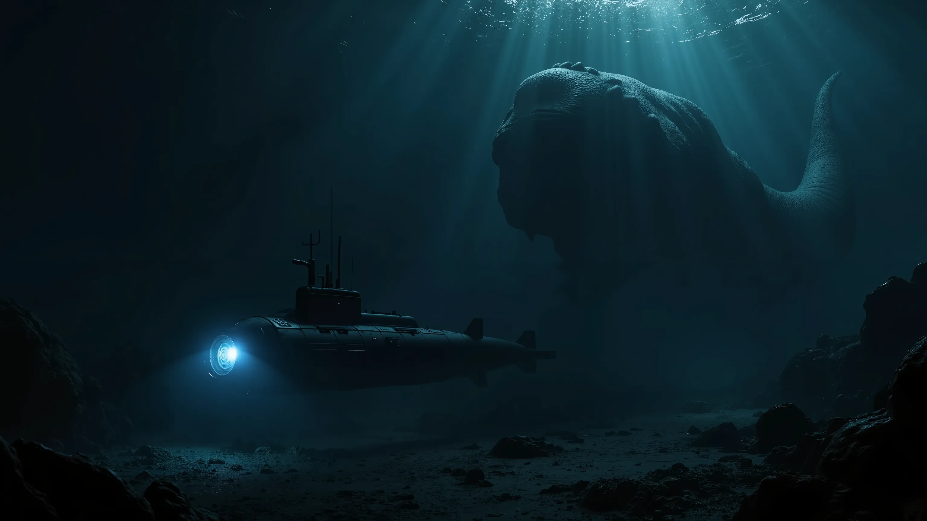 a submarine under the ocean, it's so dark that the only light source comes from the submarine, there's a colossal deepsea creature lurking from a far