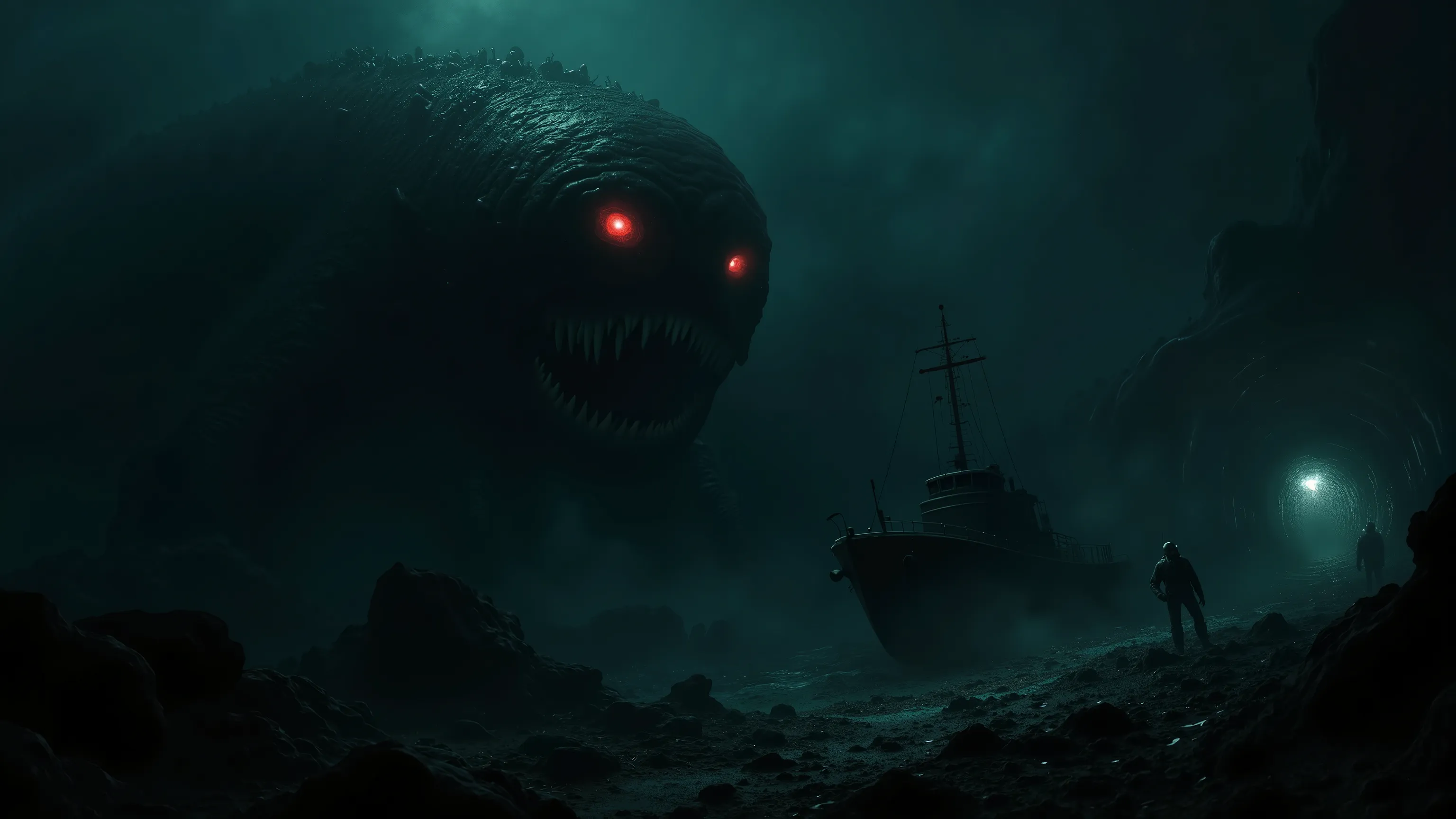 a submarine under the ocean, it's so dark that the only light source comes from the submarine, there's a colossal deepsea creature lurking from a far with 2 glowing red eyes