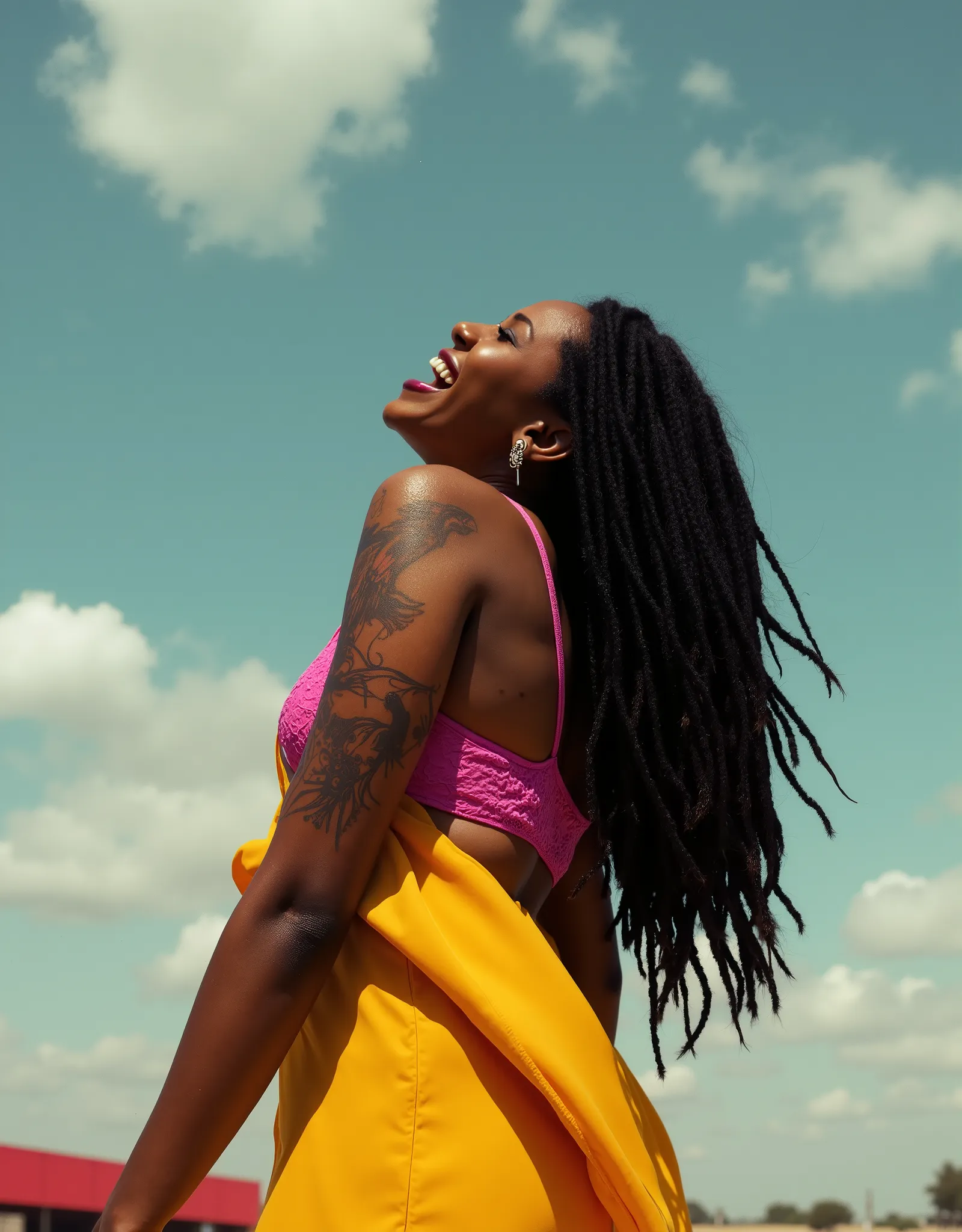 A young woman with long dark dreadlocks, positioned slightly to the right of the frame, torso arched back in a dynamic, spontaneous pose. She is captured from the lower back up, looking over her left shoulder with an expressive, extroverted facial expressi...