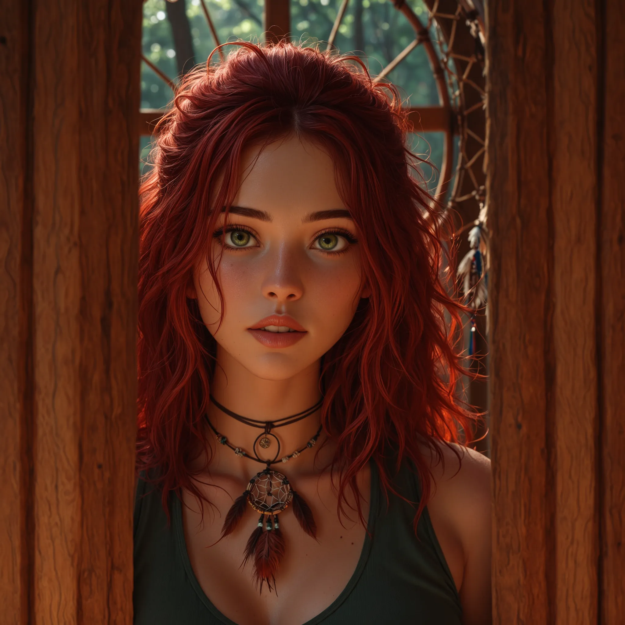 masterpiece, high_quality, high res, sharp_focus,
woman, looking_at_viewer, half_updo, messy_hair,  dream catcher background, sensual, full lips, red hair , forest green tank top , sultry green eyes