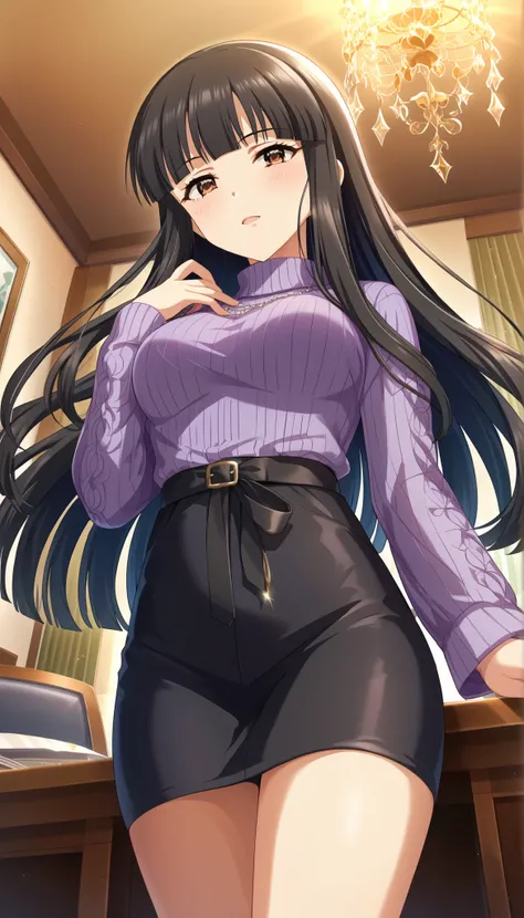 (((masterpiece))),(((High Quality))),(((Kurokawa Chiaki ))),(((medium breasts))),black hair,long hair,purple knitted sweater,Black Skirt,((low angle)),Slim and beautiful thighs,Ulchan-6500-v1.1, ( RAW photos :1.2), beautiful detailed, very detailedな目 美しい目,...
