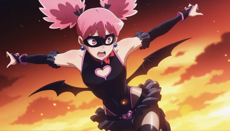 anime, anime screencap, anime coloring, best quality, kazuho_haneyama, 1girl,
two buns of hair, short hair, pink hair, red eyes,
black blindfold, blue round earrings, red bow on neck, black bat wings, 
black stockings on arms, black stockings on legs, very...