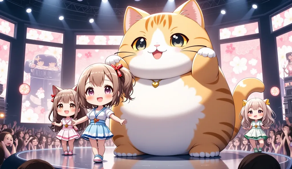 (ultra-detailed animated chibi anime), best quality, clear focus, dramatic scene, cinematic, (ultra-high resolution), perfect anatomy, perfect face, (detailed face), (detailed eyes), (chibi), there are row of girls\(chibi, famous Japanese chibi idol girl, wearing Japanese girl idol's raffled stage costume with mini skirt, ribbon, hair accessories, very beautiful and cute face, medium breasts, smile, holding a microphone, singing\) and cute giant fat cat\(male cat but dancer, wearing a stage costume, adorable giant fat cat, cute, happy, detailed, detailed opened eyes\), (Three idols and a giant cat are performing on stage), on a special stage with professional lighting with floral patterned background with large screen, 